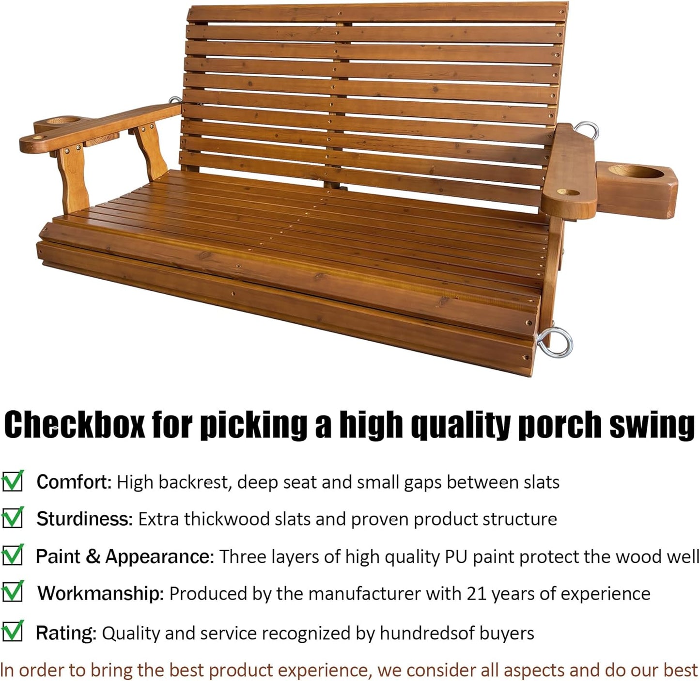 Wooden Porch Swing 2-Seater, High Backrest and Deep Seat, Bench Swing with Cupholders, Hanging Chains and 7mm Springs, Heavy Duty 880 LBS, for Outdoor Patio Garden (Cedar Tone - 4 FT Extra Large)