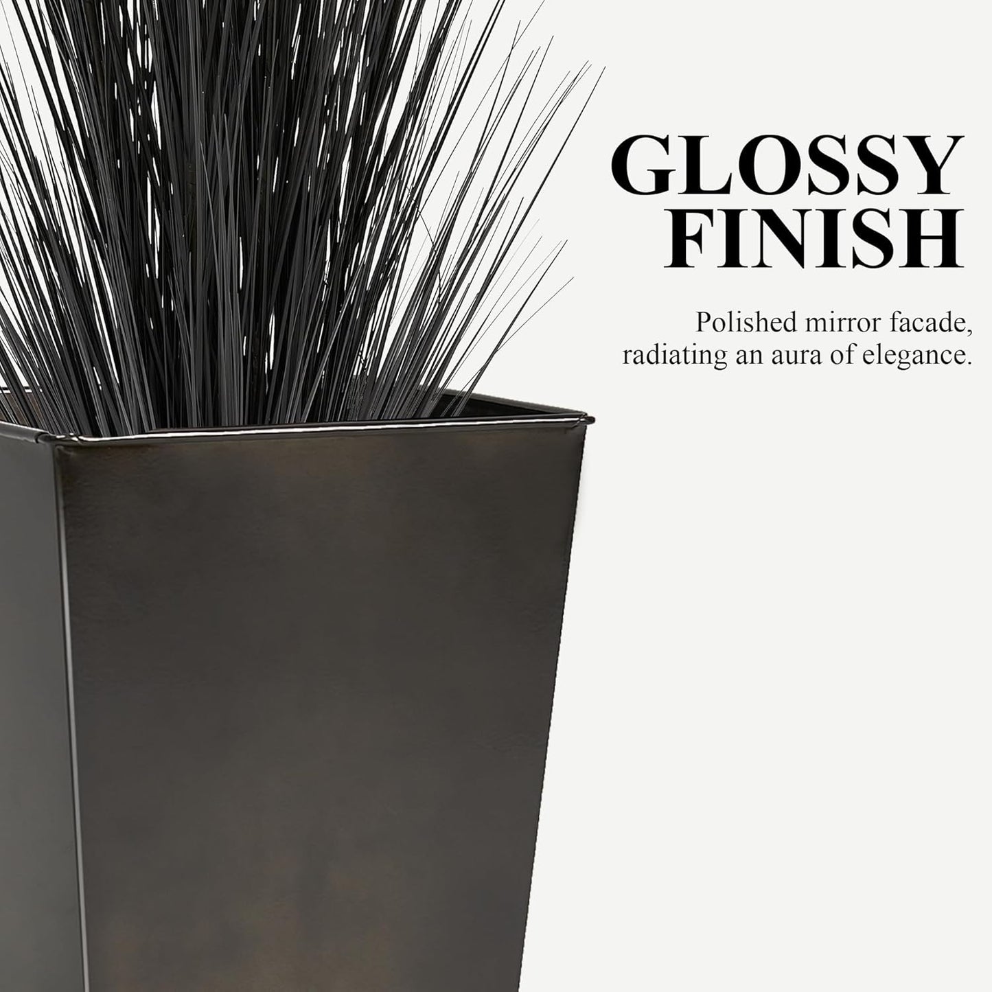 WORTH Garden 28" Large Metal Glazed Planter Set of 2, Luxurious Glossy Finish Black Tall Square Tapered Steel Plant Pots, Decor Flower Pot Indoor & Outdoor, Drainage Hole & Dual-Purpose Plant Saucer