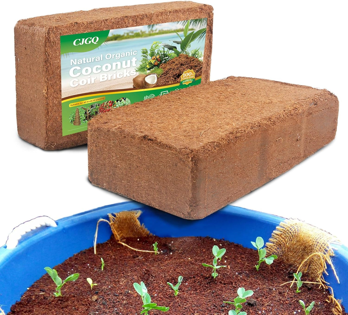Coco Coir Brick for Organic Coconut Soil - 2 Pack With Low EC & PH Balance - High Expansion Fiber for Herbs & Flowers - Renewable Planting Medium