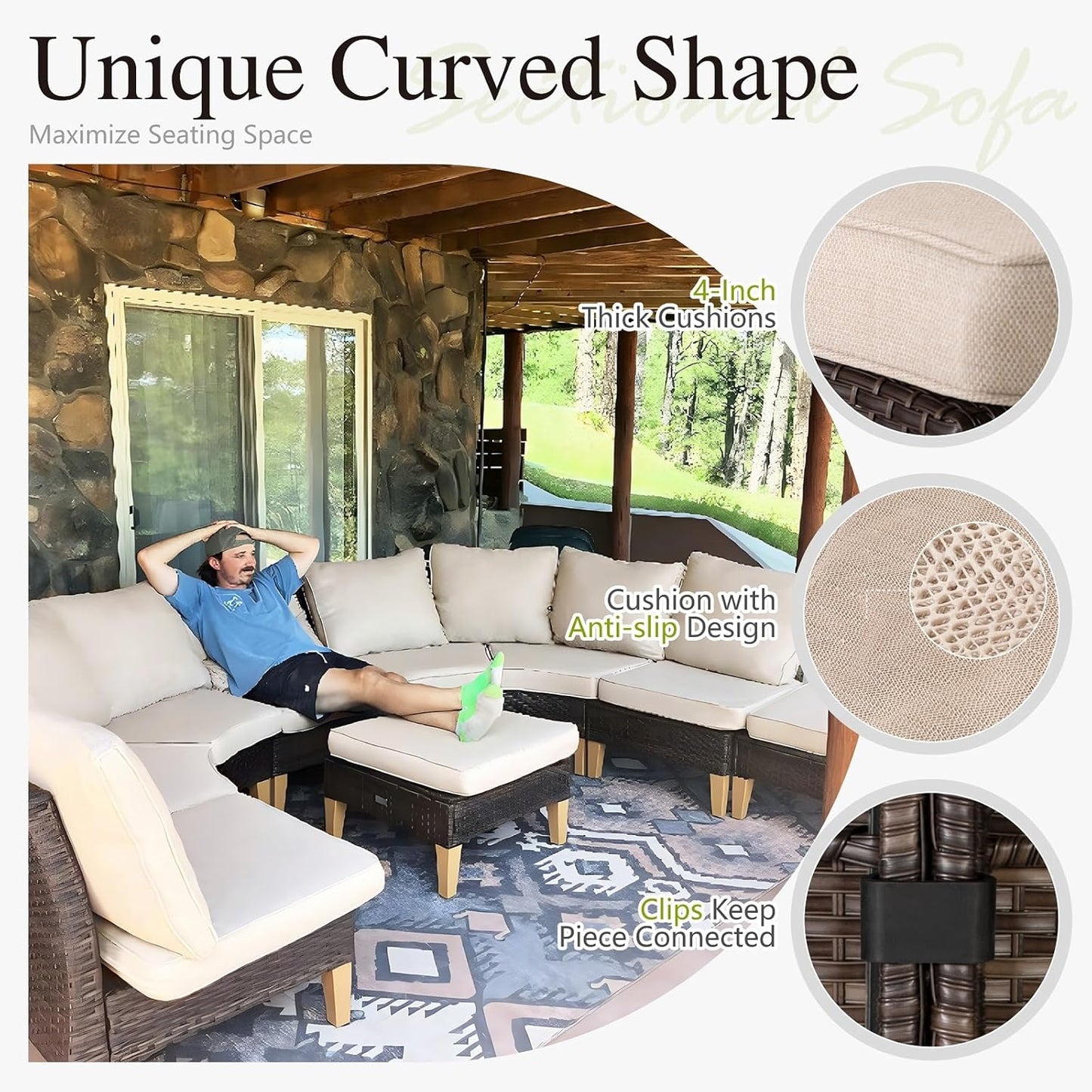 Sophia & William Oversized Half-Moon Outdoor Patio Furniture Set, 12 Piece Curved Outdoor Sectional Sofa Rattan Patio Conversation Set with 4 x Curved Sofa, 2X Armless Chairs, 2 x Ottoman, Beige