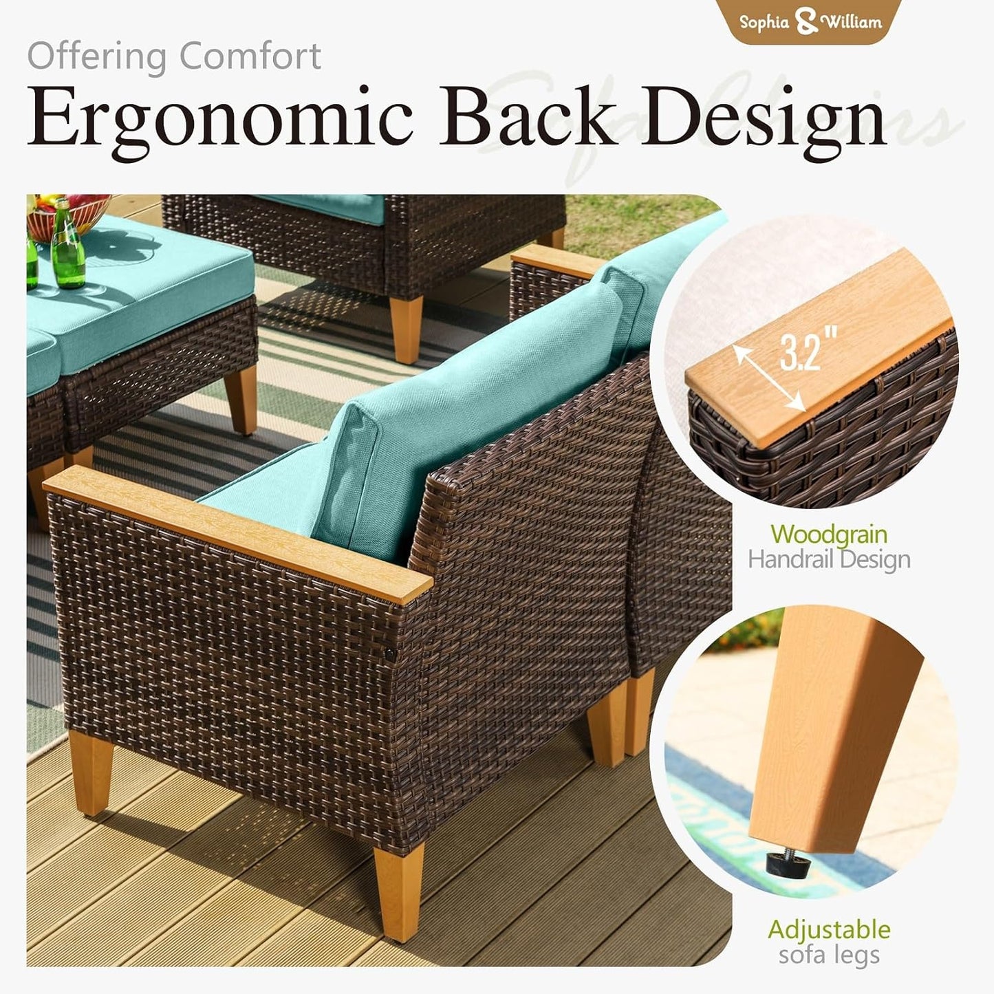 Sophia & William Outdoor Wicker Sectional Sofa Set, 8 Piece Half Moon Curved Patio Furniture Modern Outdoor Couch Conversation Set with Ottoman for Backyard, Pool, Garden(Aqua Blue)