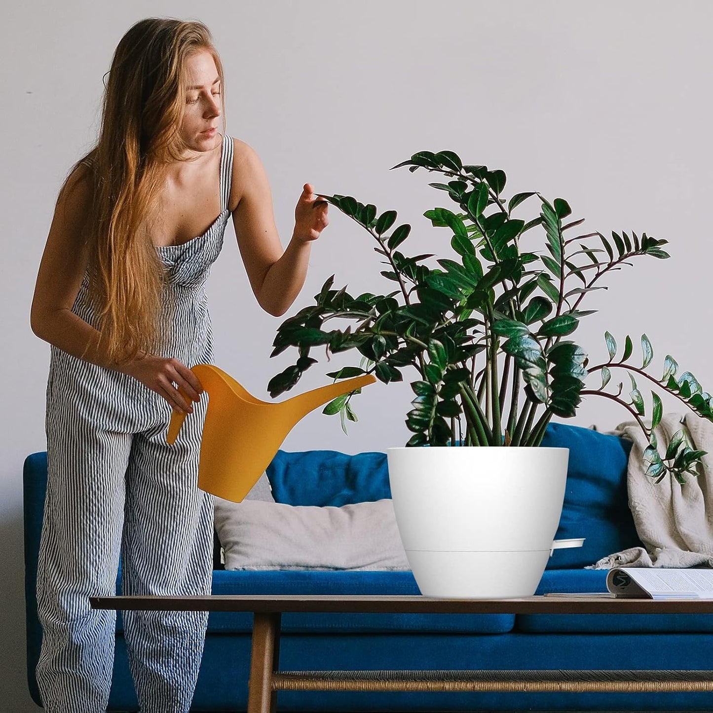 WOUSIWER 10 inch Self Watering Planters, 2 Pack Large Plastic Plant Pots with Deep Reservior and High Drainage Holes for Indoor Outdoor Plants and Flowers, White