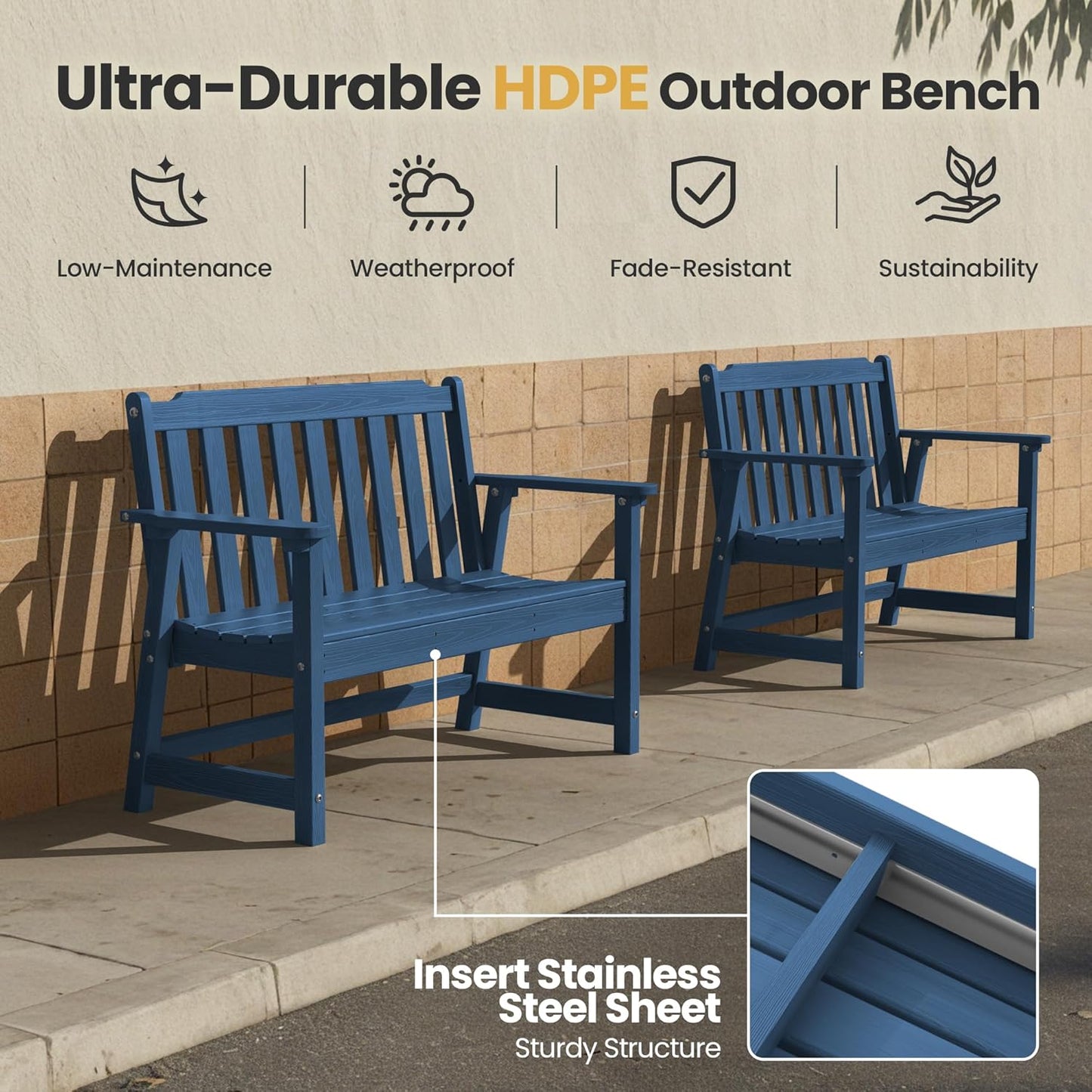 Ciokea 46" Heavy Duty Outdoor Bench Set of 2, HDPE Weatherproof Garden Bench, 2-Person Memorial Benches with 660 Lbs, Waterproof Patio Porch Benches for Outside Business Office Backyard, Navy Blue