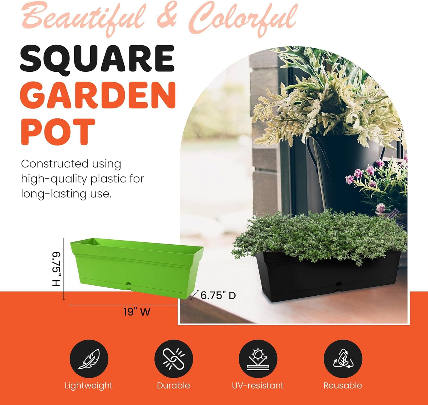 Mintra Window Box Planter, Window Planter Box for Indoor Outdoor Use, Rectangular Pots with Saucers & Drainage Holes, Decorative Plant Pots for Window Sill, Shelf, Desktop, 19" Wx6.75 H, Orange