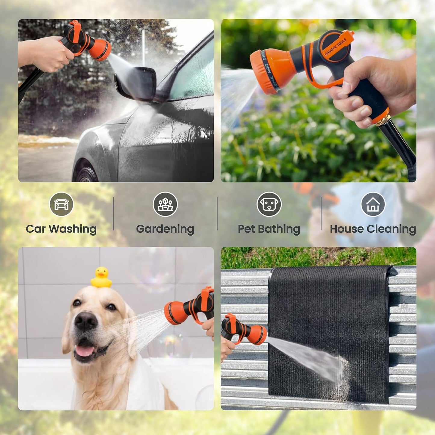 Giraffe Tools Garden Hose 100FT Lightweight Lay Flat Water Hose Kink Free Flexible Hose with 9 Spray Function Nozzle（Black）