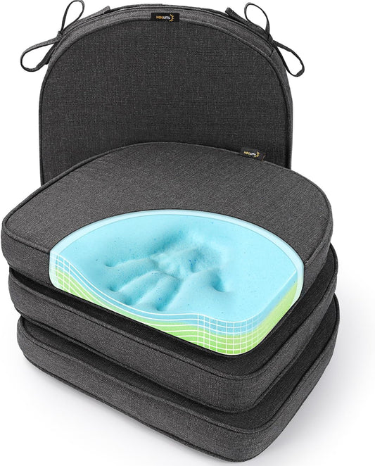 SUNROX Gel Memory Foam Chair Cushions, FadeShield Water-, Stain-Resistant Durable Reversible Seat Cushion Pads with Ties for Indoor/Outdoor Kitchen Dining Office, 19"x19", Set of 4, Midnight