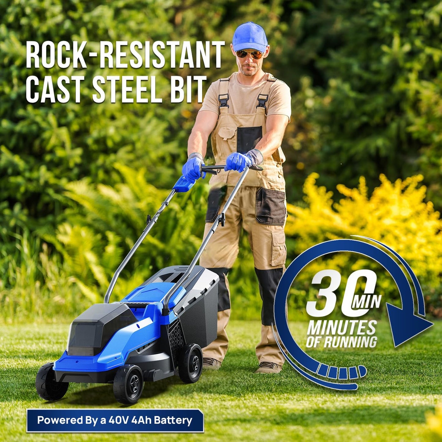 Wild Badger Power Electric Lawn Mower 40V Brushless 14" Cordless&Push, 5 Cutting Height Adjustment, 4Ah Battery and Super Charger, Blue