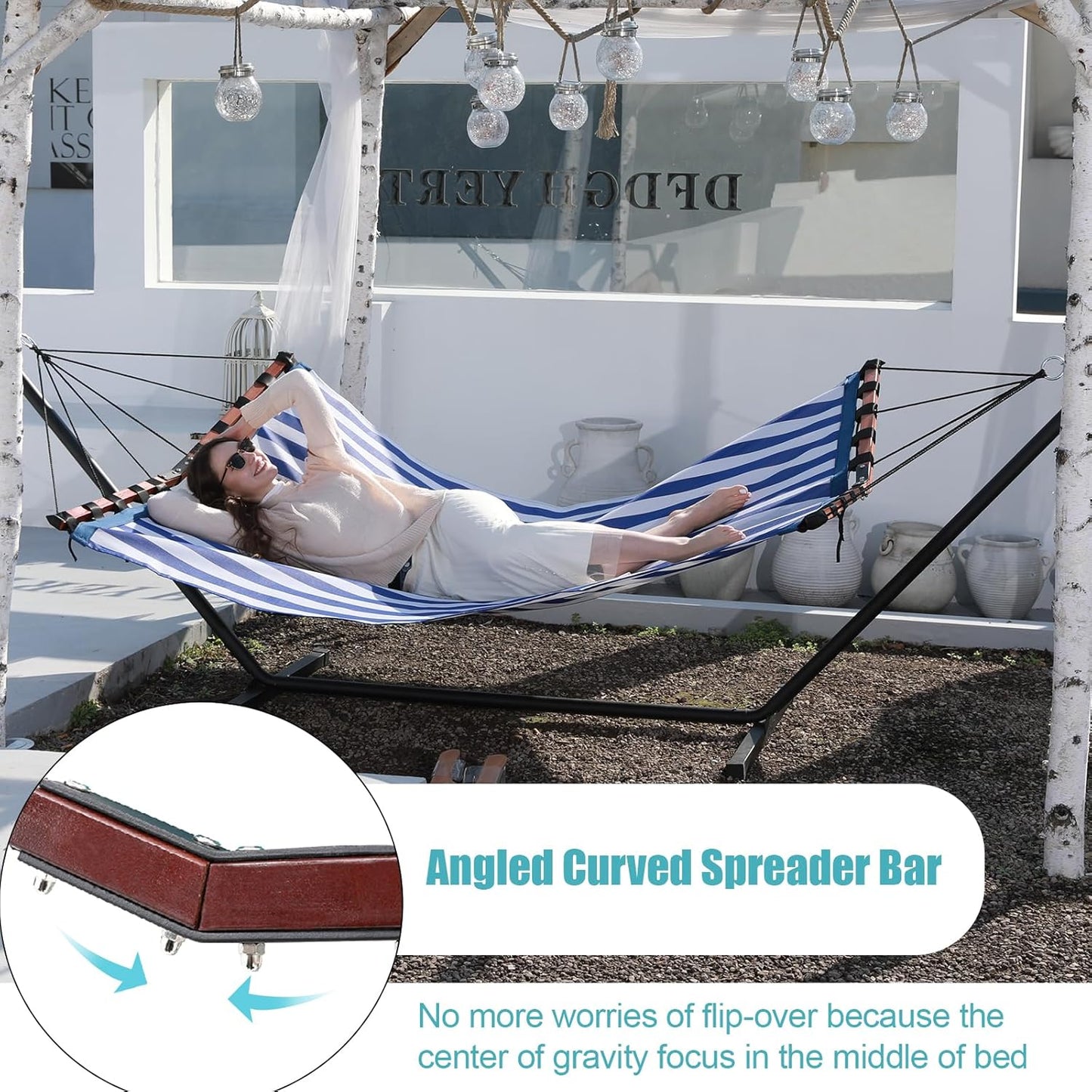 TegerDeger 12FT 2 Person Hammock Large Hammock Quick Dry 450LB Capacity with V Shaped Hardwood Spreader Bar & Nylon Rope for Outside, Patio, Garden, Backyard, Beach, Poolside - Blue Stripes