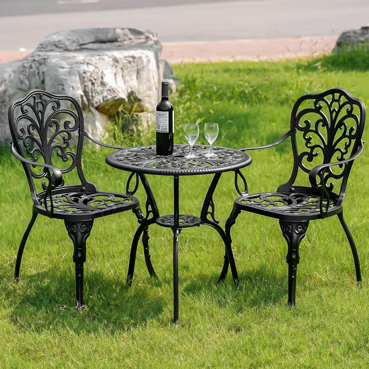 Outdoor Bistro Set 3 Piece, Patio Bistro Set, Cast Aluminum Bistro Set, Patio Table Set with 1.97" Umbrella Hole for Yard, Deck, Front Porch