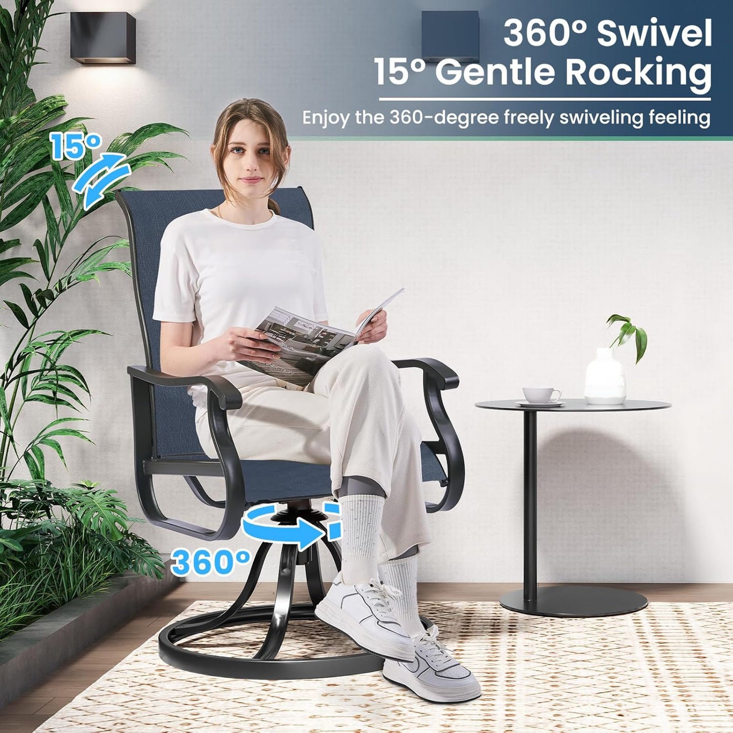 Amopatio Patio Swivel Chairs Set of 4, Outdoor Swivel Rocker Dining Chairs with All Weather Textilene High Back & Metal Frame, for Backyard Deck Lawn Garden, Navy Blue