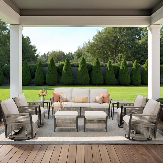 Patio Furniture Wicker Rope Outdoor Conversation Set, 9-Piece All Weather Patio Furniture Rattan Swivel Rocking Chairs w/Ottomans, Side Table for Backyard, Balcony, Deck, Beige