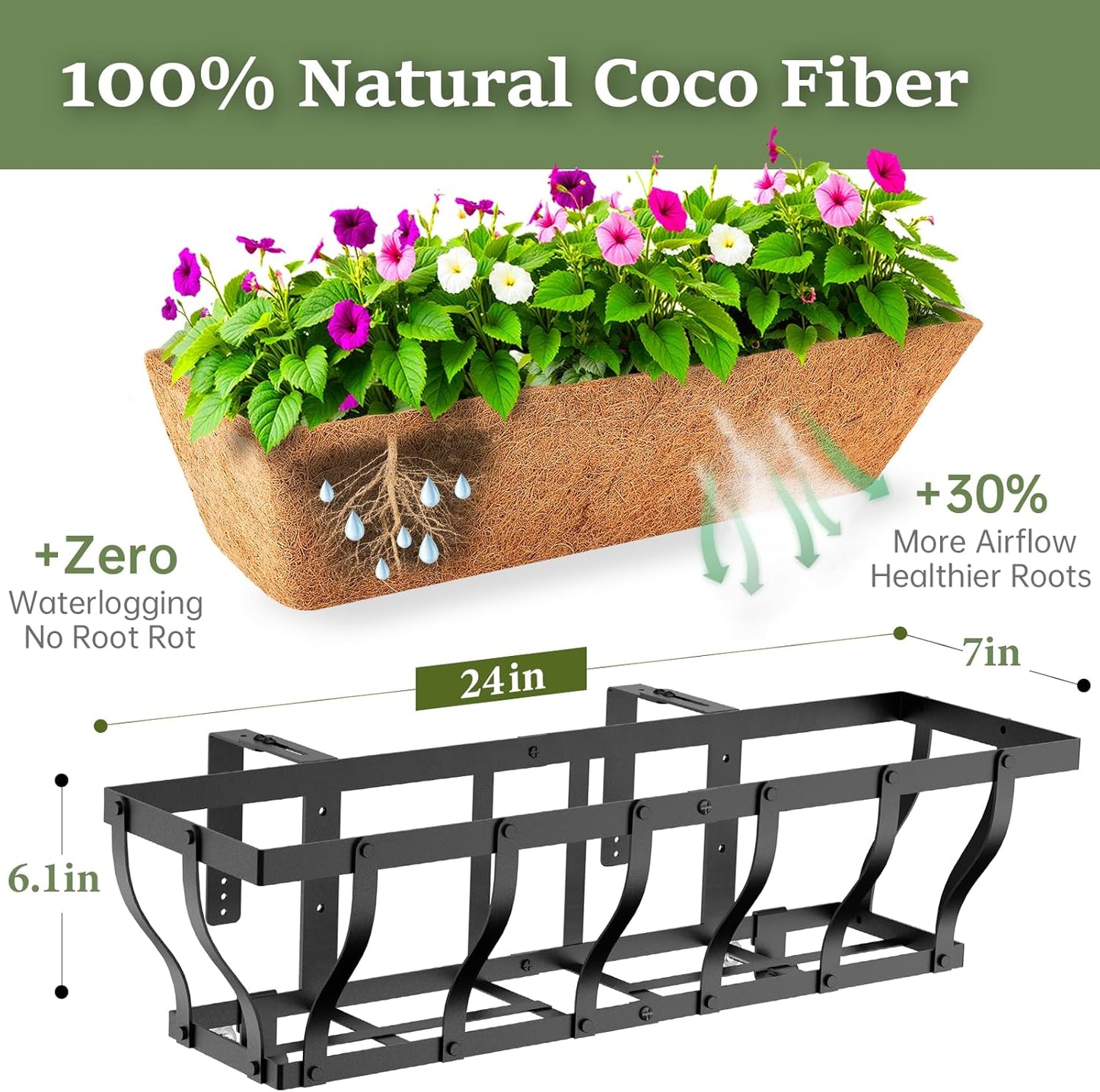 Railing Planter Boxes, Heavy Duty Window Box Planters, Adjustable Balcony Planters for Railing Hanging, with Coco Liner & Support Rod for Deck, Porch, and Patio Gardening (2 Pack, 24 Inch)