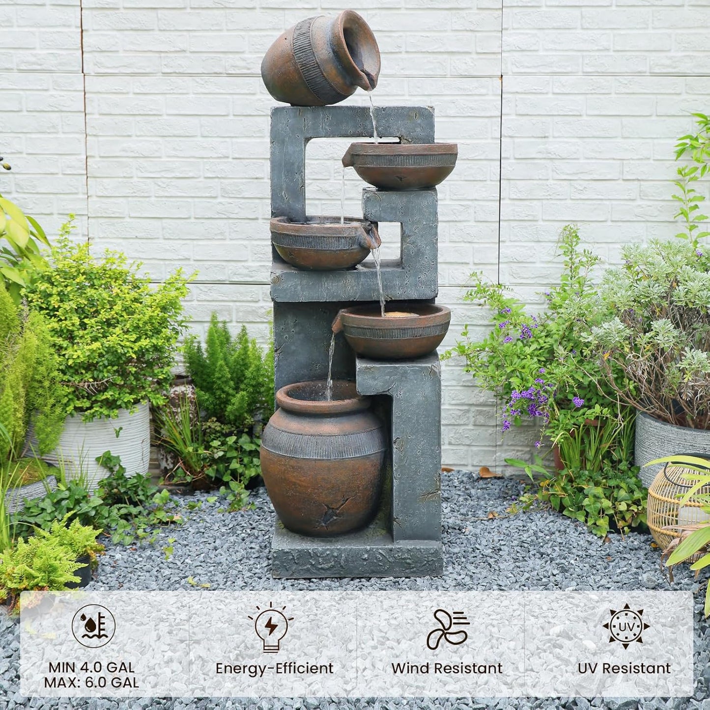 50.4" H Large Garden Fountains Outdoor, 5-Tier Cascading Rustic Style Bowl Water Fountain and Waterfall Feature with Light and Pump for Garden, Patio, Deck, Porch, Home Décor, Gray&Brown