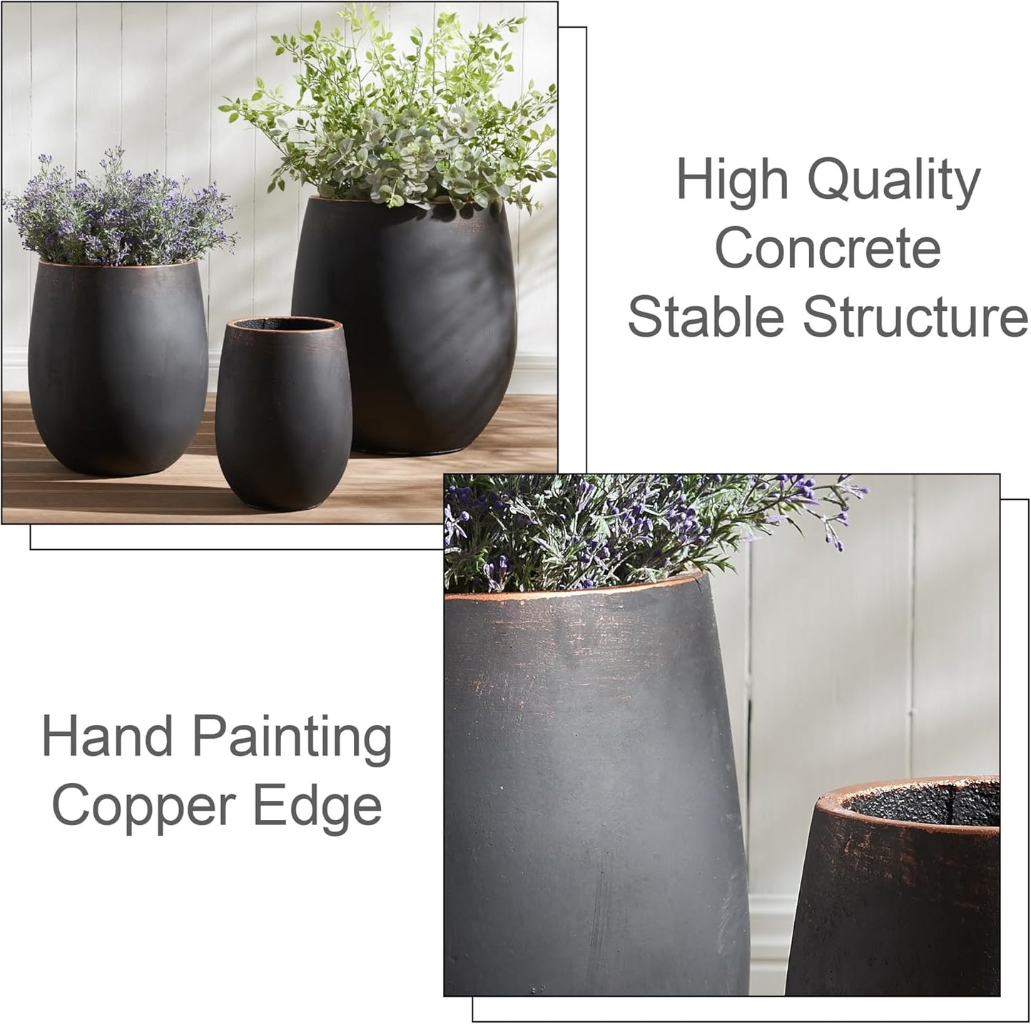 15.5" H Outdoor Concrete Planter, Round Flower Pot with Drainage Hole and Silicone Plug, Plant Container for Garden, Patio, Home, Office, Black, Copper Rim, 1 Pack