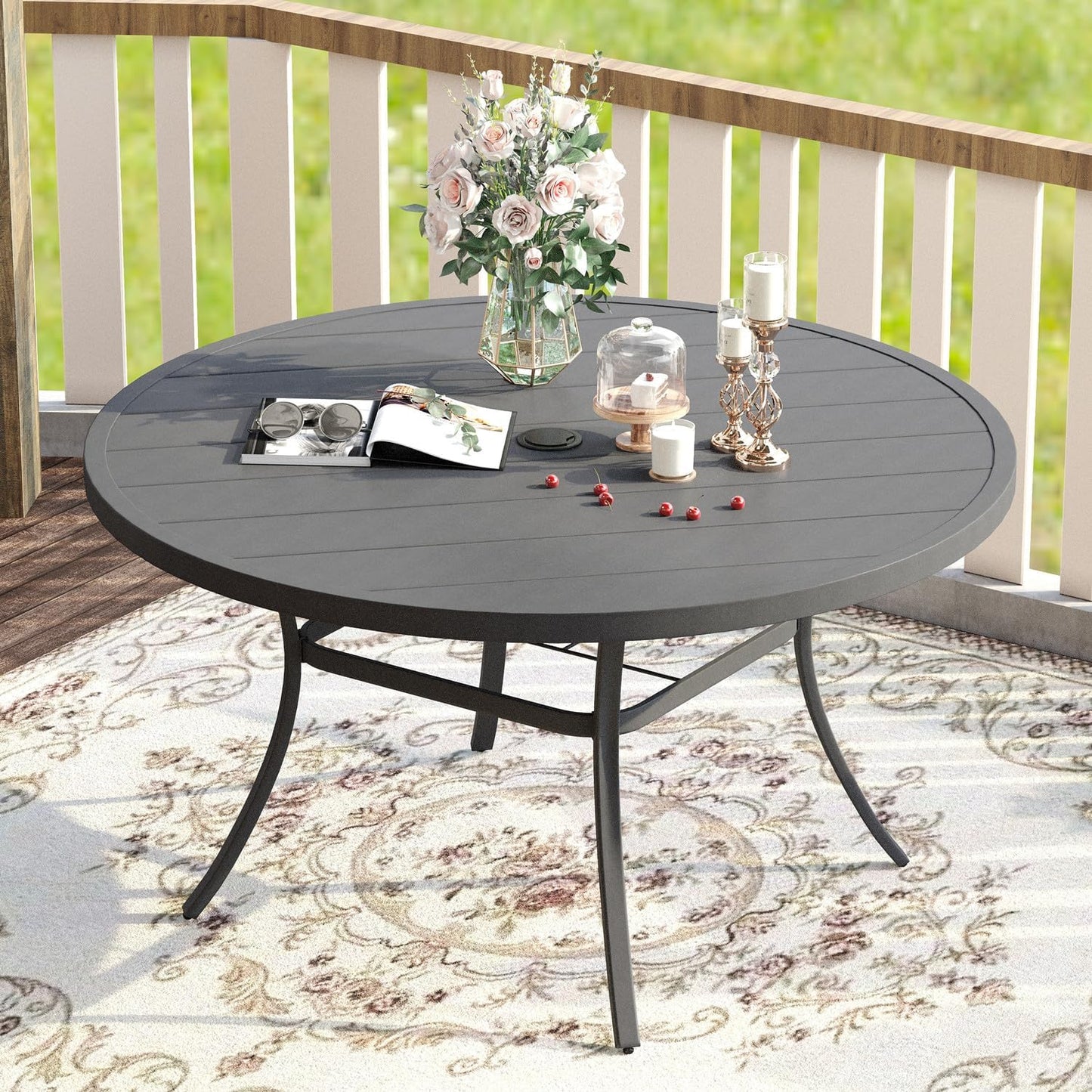 VICLLAX Patio Dining Set for 8, Outdoor Furniture Set Includes 53" Round Patio Table and 8 Patio Sling Chairs, Grey Tabletop and Grey Fabric