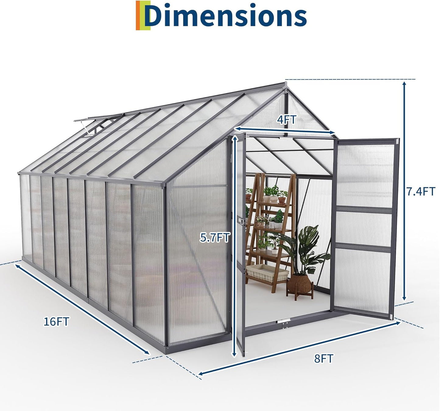8*16 FT Outdoor Walk-in Greenhouse, Polycarbonate Green House, Heavy Duty Greenhouse with Vented Roof Window, Windproof Aluminum Frame, Suitable for Outside Gardening, Backyard, Patio