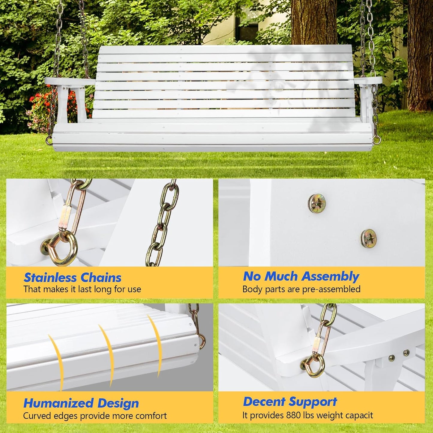 VINGLI Upgraded Patio Wooden Porch Swing for Courtyard & Garden, Heavy Duty 880 LBS Swing Chair Bench with Hanging Chains for Outdoors (5 FT, White)