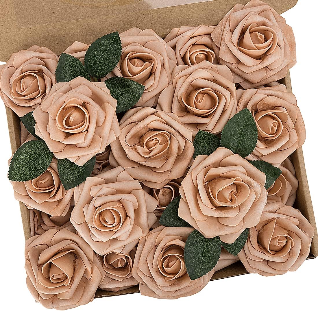 N&T NIETING Artificial Flowers, 25pcs Foam Roses Fake Flowers for DIY Wedding Bouquet Party Baby Shower Decoration, Home Display, Dusty Brown