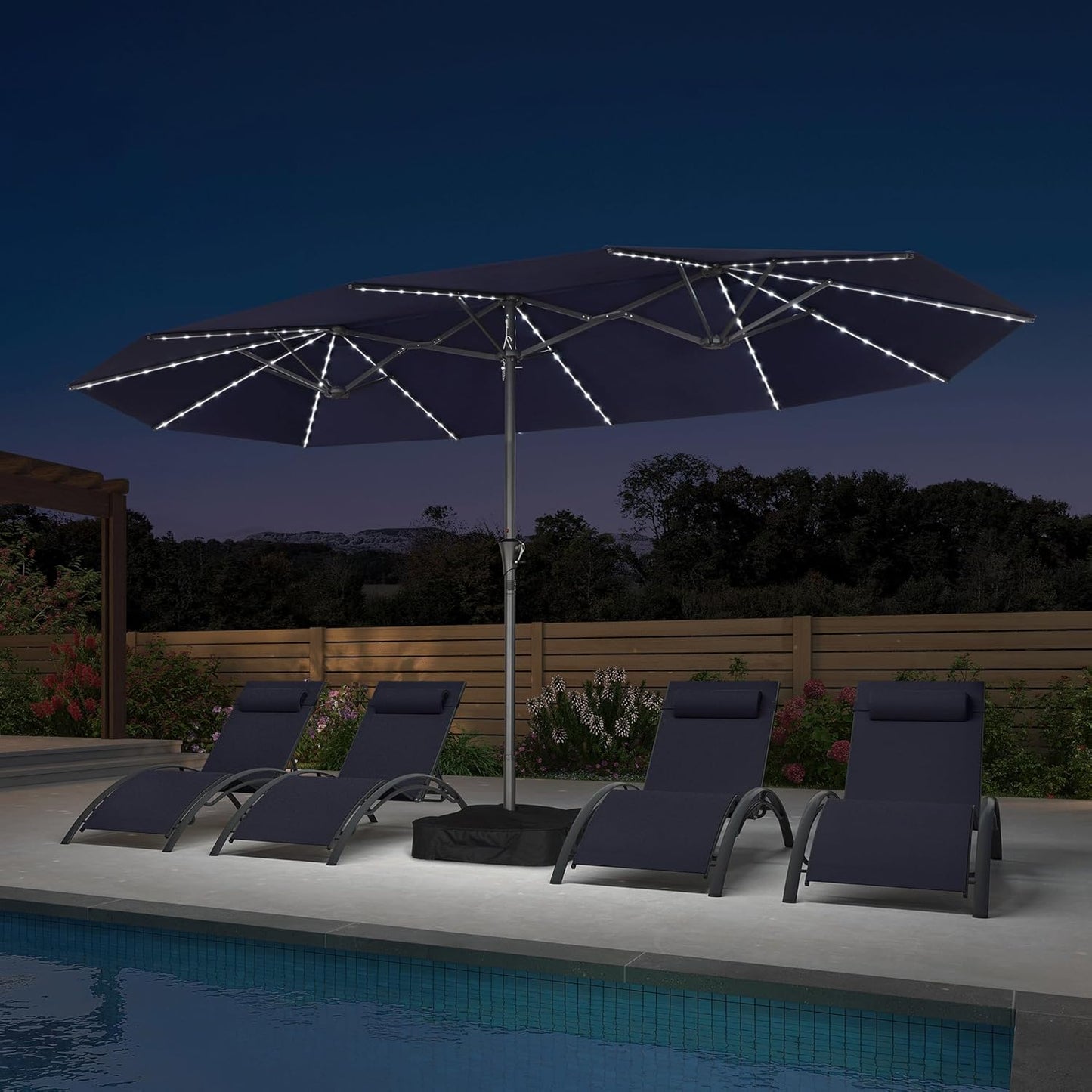 PURPLE LEAF 14ft Patio Umbrella with Solar Lights Outdoor Double-Side Market Umbrella with Base Included Rectangle Table Umbrella for Pool Garden Backyard, Navy blue