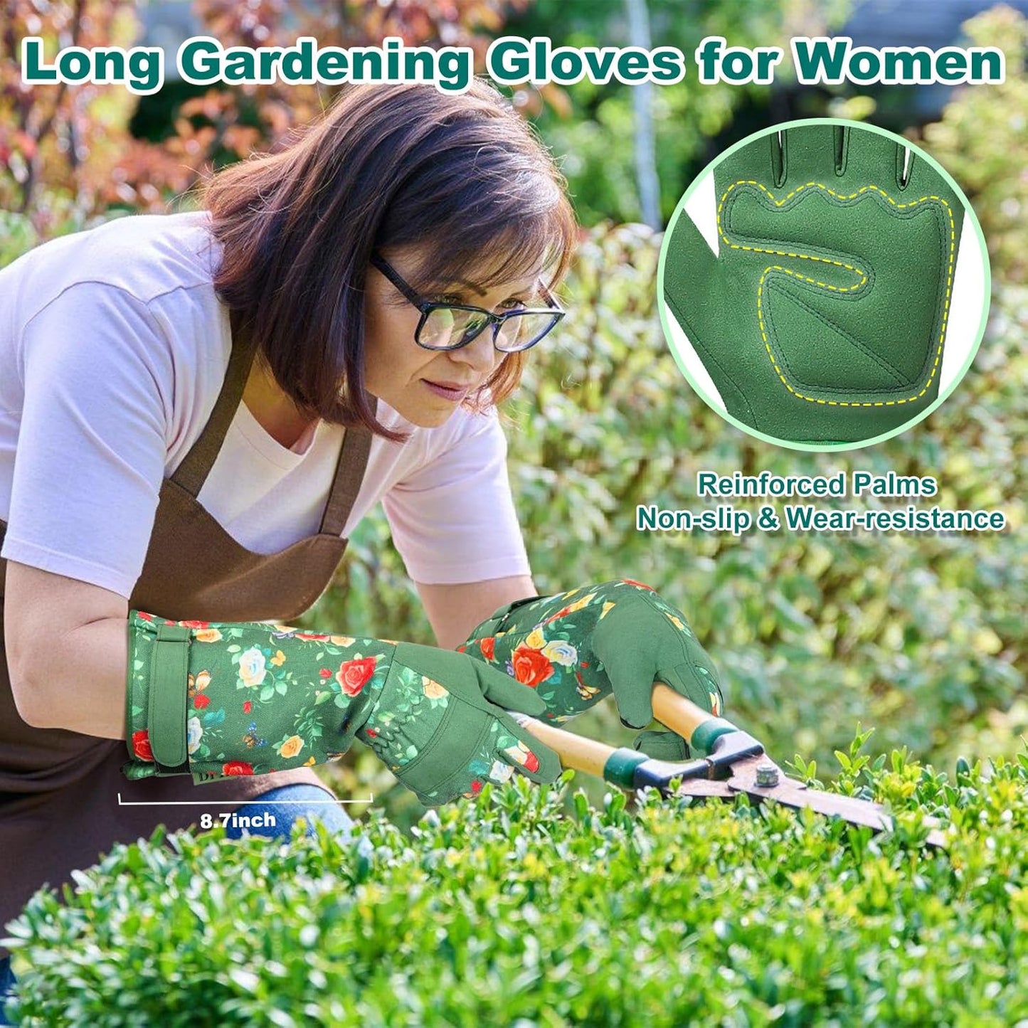 DLY Gardening Gloves,Leather Rose Gloves,Women's Long Glove for Gardening Work and Yard Work,Durable and Comfortable(Large, Green