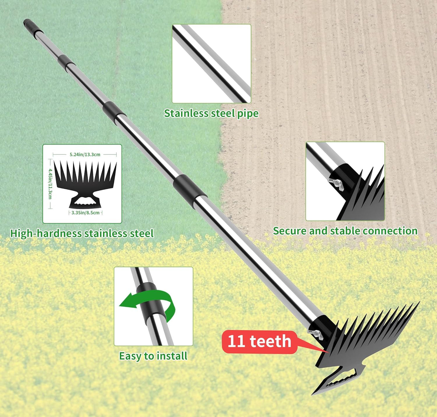 Weeding Puller Tool with Long Handle, 11 Tooth Manual Weed Rake Weeder Remover Tool Gardening with Gloves, Dandelion Gardenia Uprooting Tool for Yard, Lawn, Patio and Garden