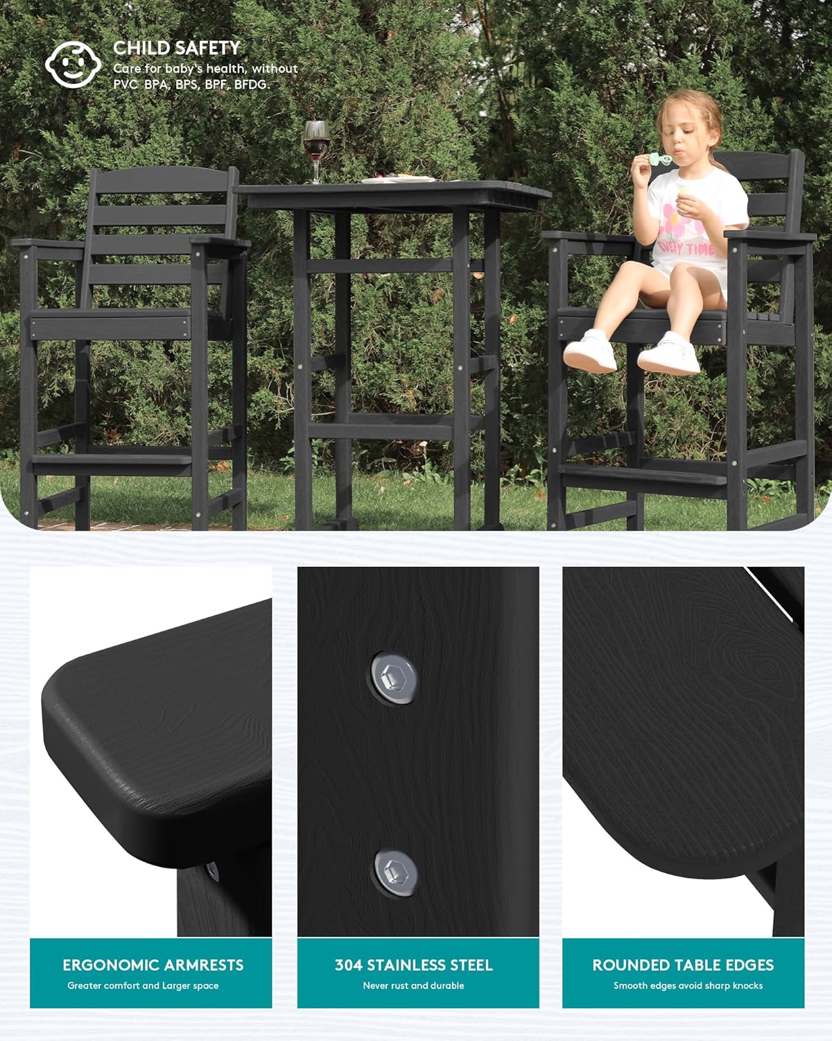 SERWALL 4 Pieces Outdoor Patio Bar Set with 9ft Umbrella, Outdoor HDPE Barstool and Table Furniture Set with Patio Umbrella, Black