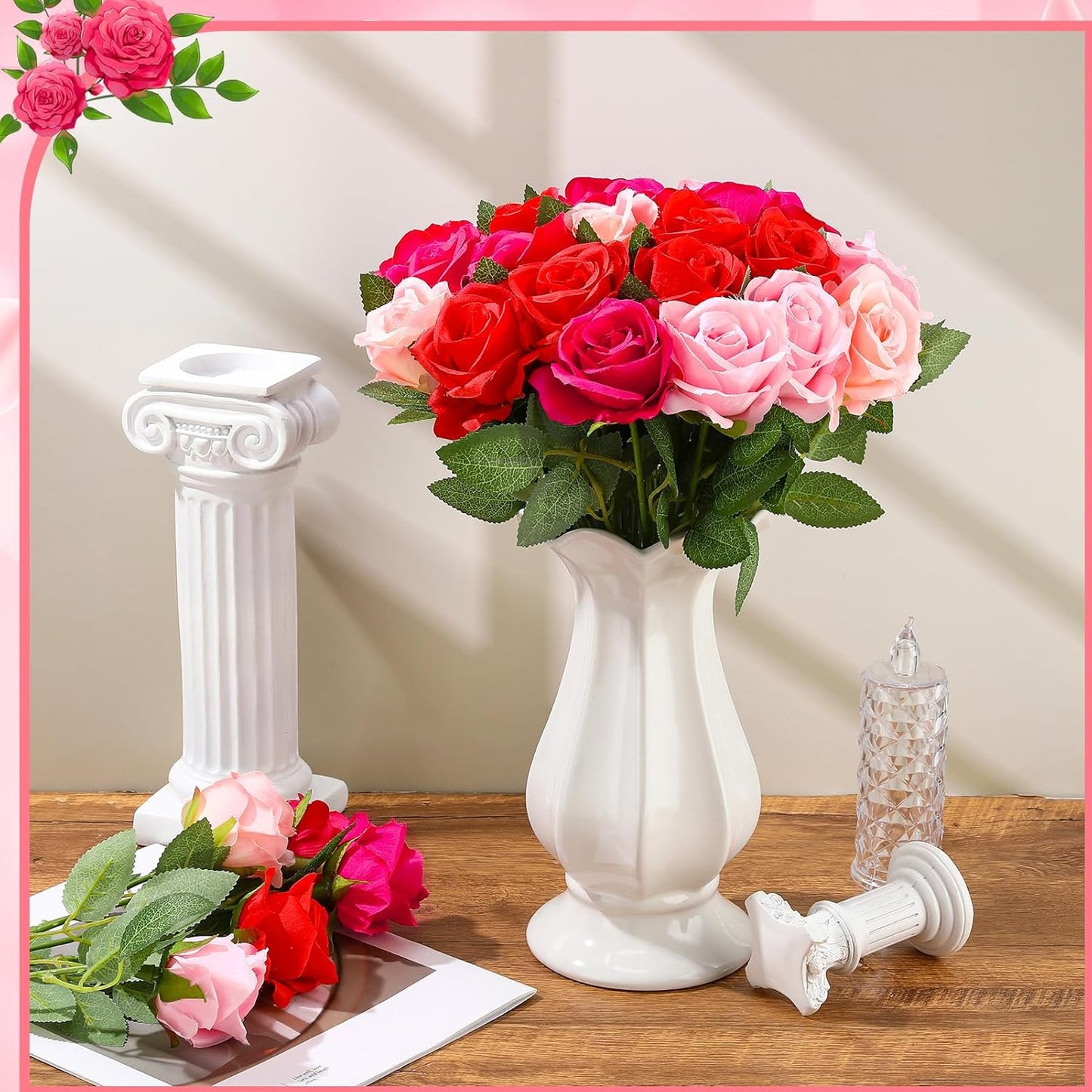 36 Pcs Mixed Pink Red Artificial Roses with Long Stems, Fake Silk Rose Artificial Flowers Bulk for Bridal Wedding Bouquet Centerpiece Ball Arrangement Party Decor