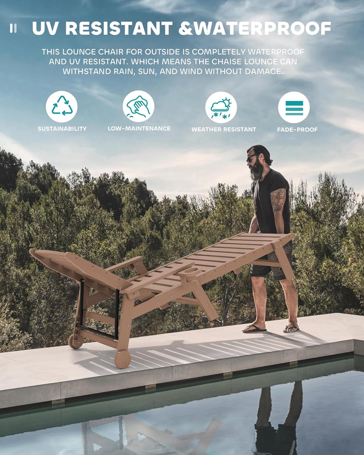 SERWALL Patio Chaise Lounge Chair, 78'' Long HDPE 5 Positions Adjustable Poly Lounge Chair with Rolling Wheels & Cup Holder for Pool, Brown