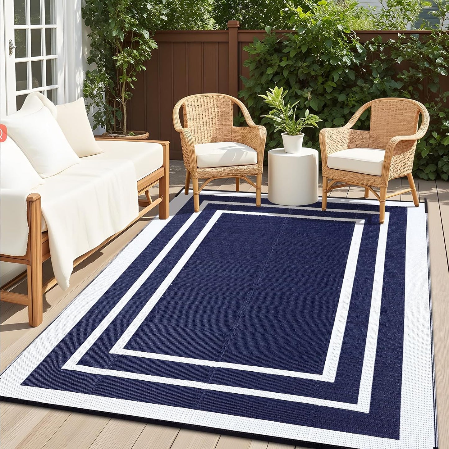 OLANLY Outdoor Rug 6x9 ft Waterproof, Reversible Outdoor Plastic Straw Rug, RV Mat, Indoor Outdoor Carpet Clearance for Patio, Camping, Balcony, Deck, Backyard, Navy & White