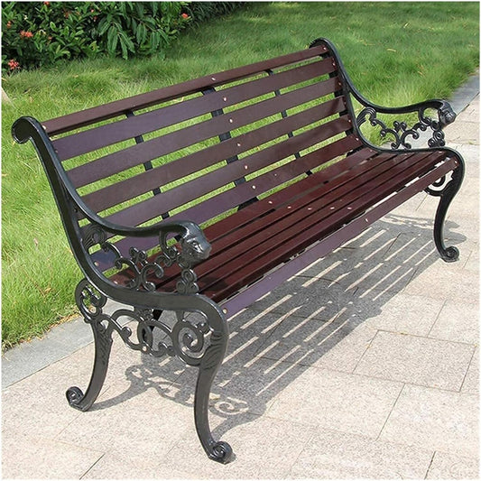 Outdoor Solid Wood Garden Park Bench for 2-3 People, Weatherproof Patio Lawn Bench Porch Seat with Cast Iron Frame, Porch/Deck/Patio Furniture Bench with Backrest and Armrests(Brown+Black Chair Legs,1
