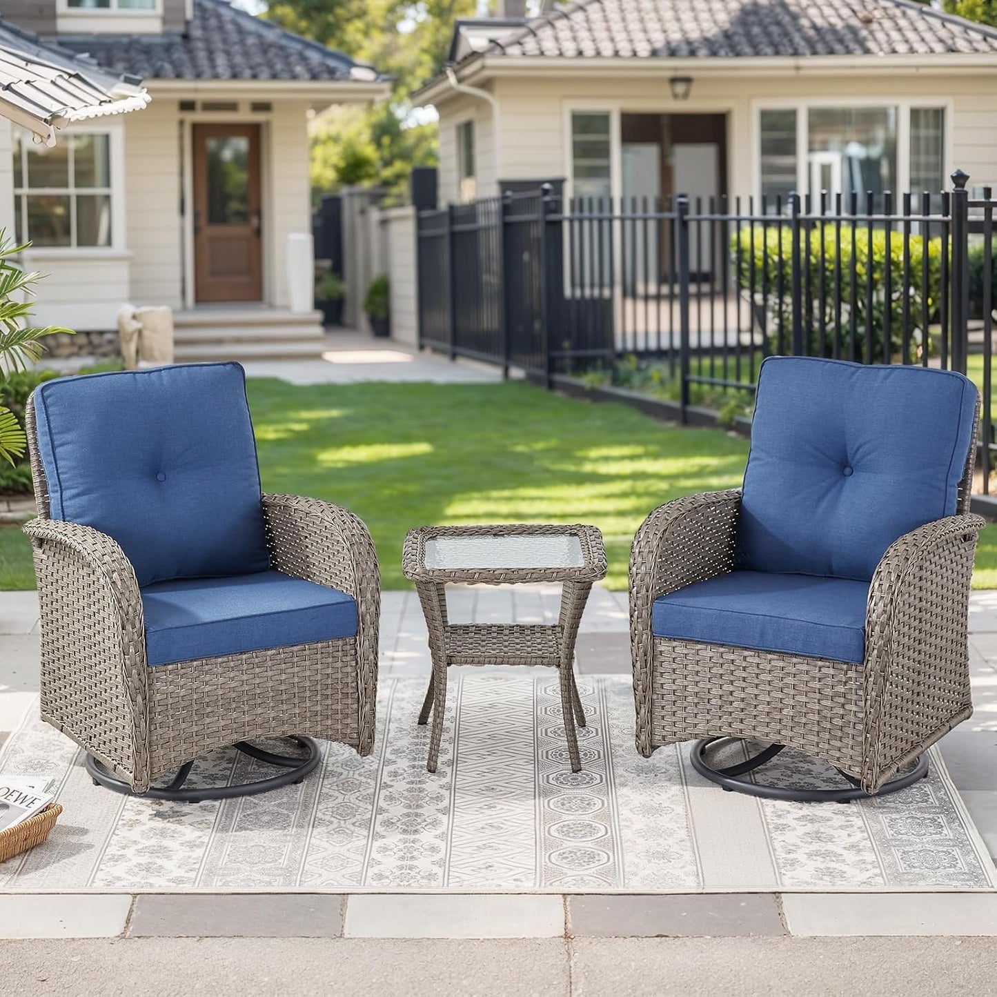 HUMMUH 3 Piece Outdoor Rocking Chairs Bistro Set-All Weather Wicker Outdoor Swivel Chairs Set of 2 with Side Table Small Patio Furniture Set for Deck Lawn Porch Balcony Poolside-Grey/Blue