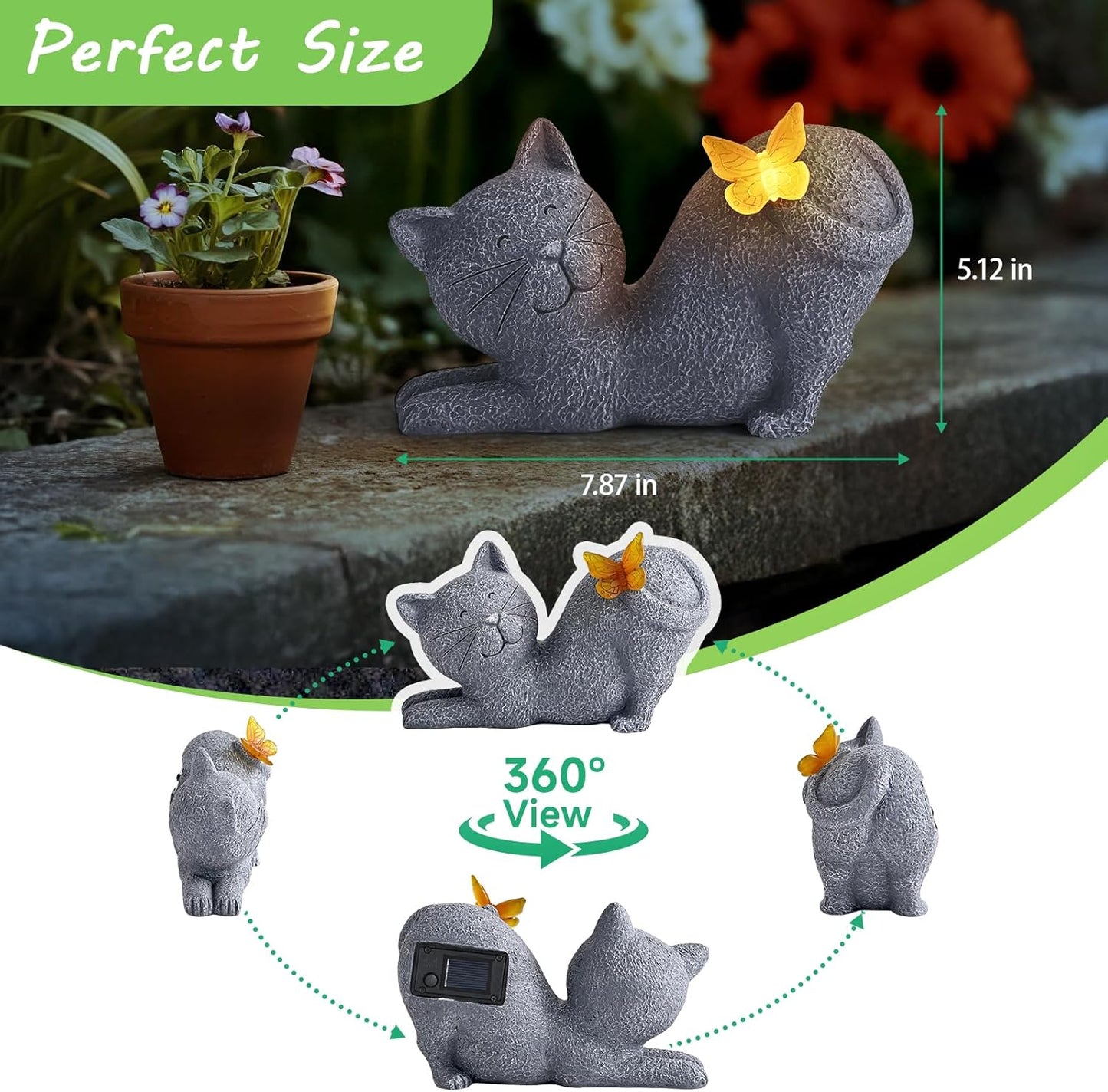 Solar Cat Garden Statue with Glowing Butterfly, Outdoor Resin Cat Figurine with Solar Light, Waterproof Yard Decor for Patio, Lawn, Porch, and Unique Garden Gifts for Cats Lovers