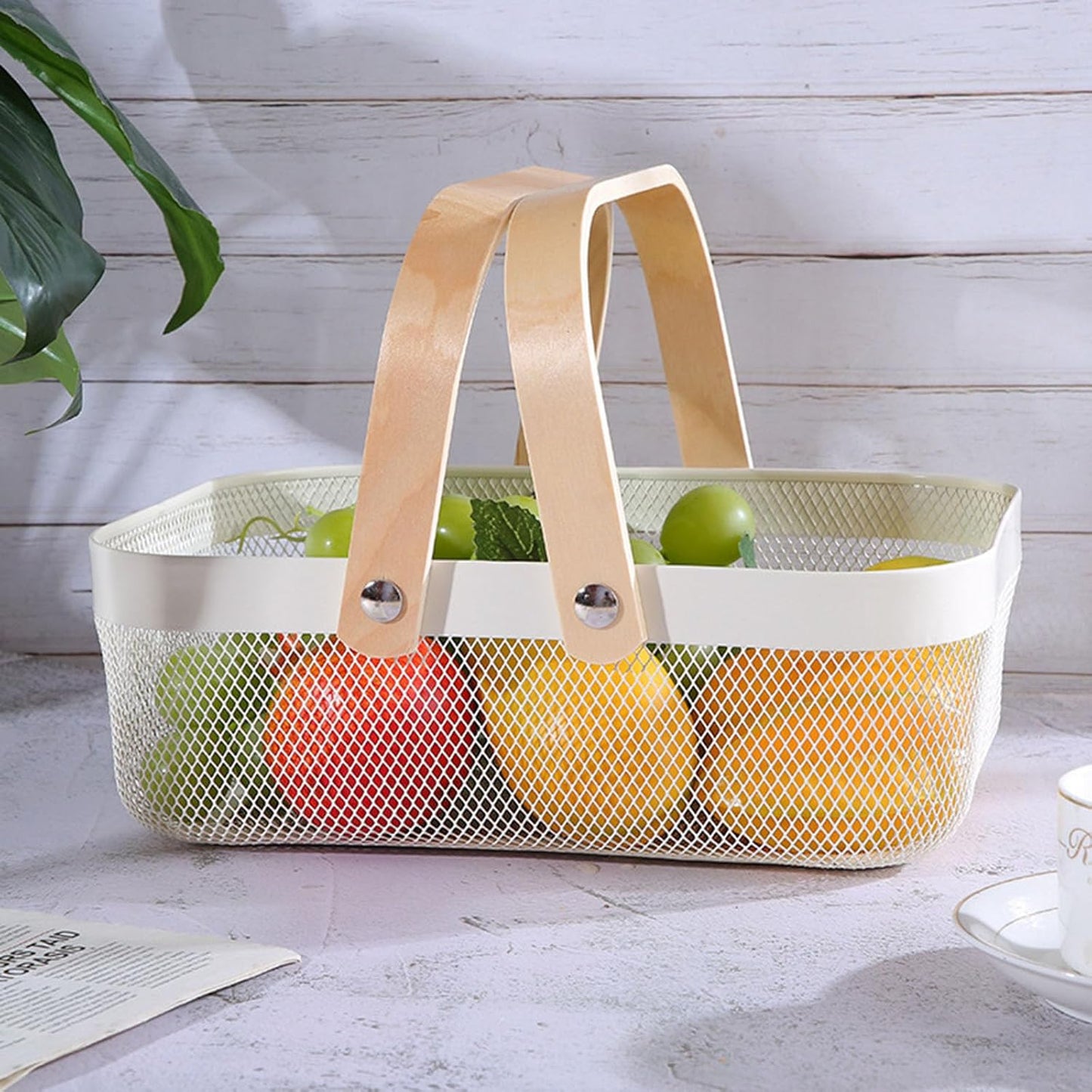 Metal Mesh Steel Basket, Storage Organizer Basket Garden Harvest Basket Multi-functional Kitchen Fruit Baskets Bin with Wooden Handle for Bathroom Picnic Shopping Decor Cabinet Home, White