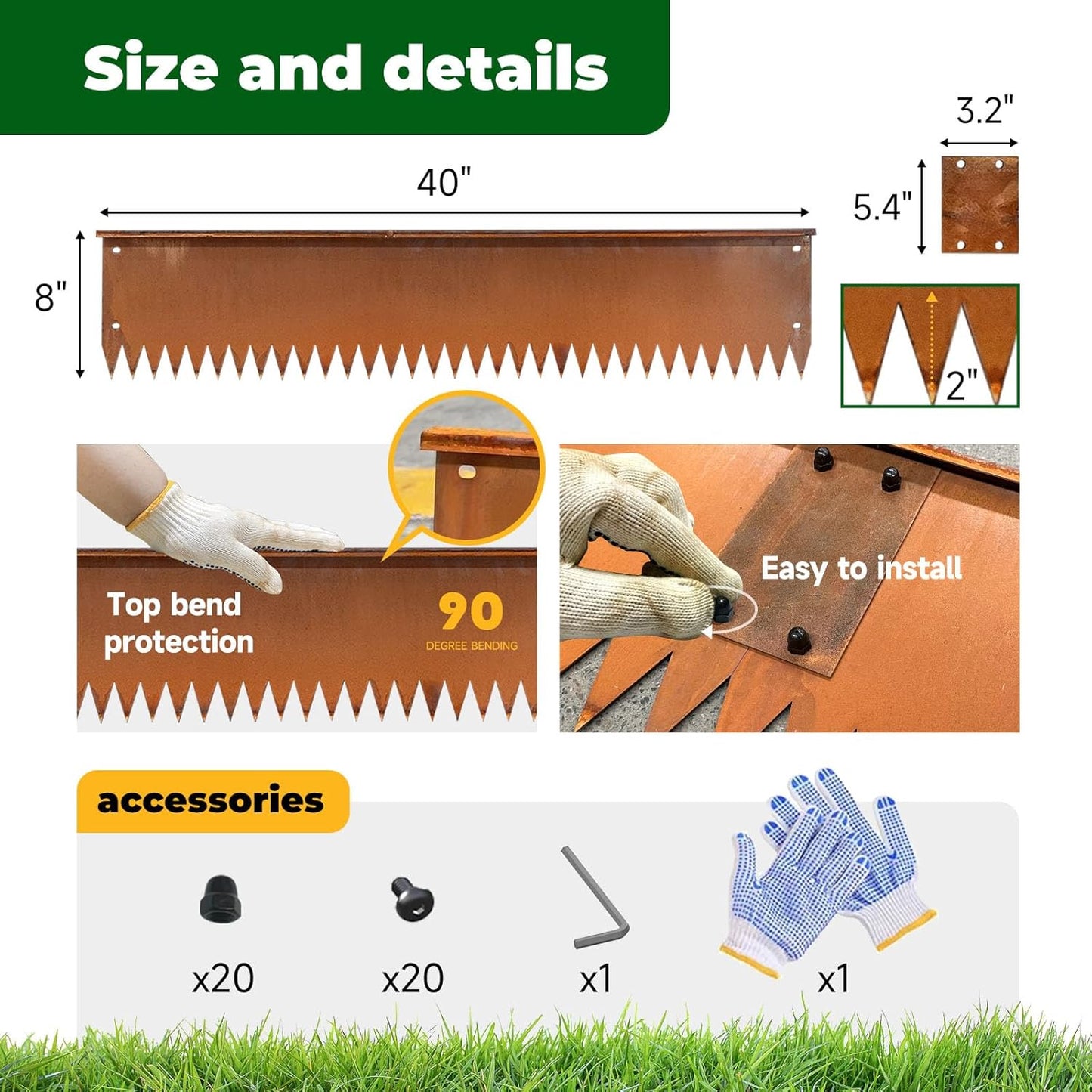 Cortens Steel Garden Metal Landscape Edging 40 inch with Top Bending Protection Pre-Rusted Cortens Steel Garden Edging 8 Inch Depth 90 Degree Bend 6 Pack for Lawn Yard (8 inch-90 Degree Bend, Rusted)