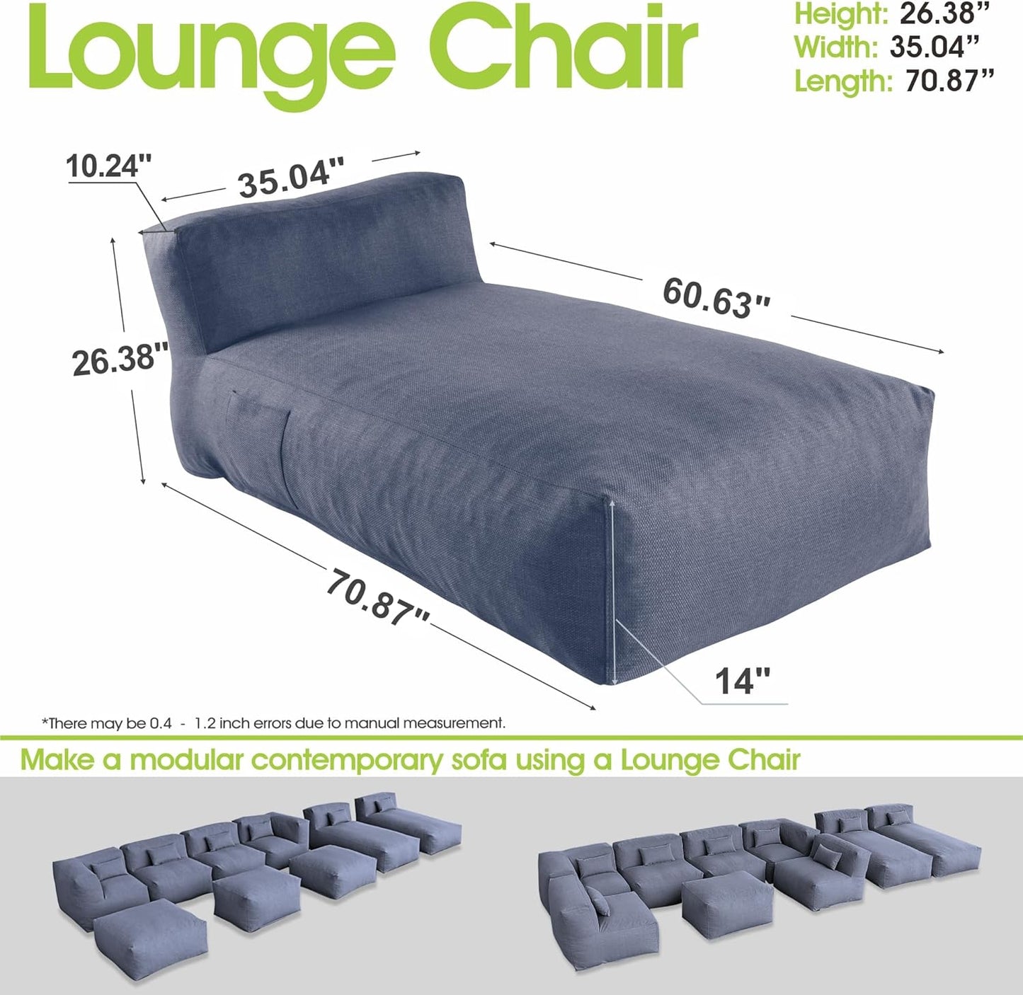 Outdoor Bean Bag Lounger Chair, Big Comfy Outdoor Daybed for Sunbathing and Tanning - Water-Resistant Patio Chaise and Pool Sun Lounger Furniture for Beach Deck (Denim Blue)