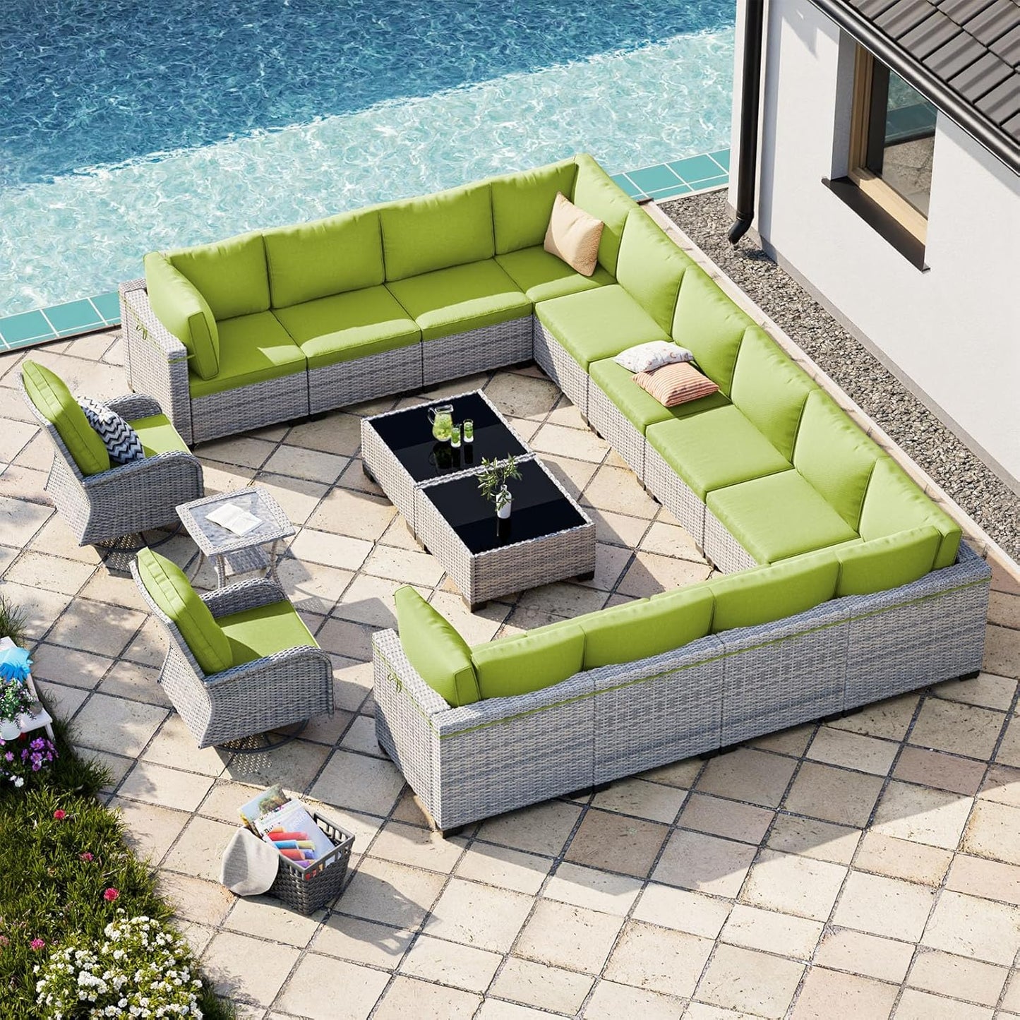 17-Piece Patio Furniture Set, Outdoor Patio Furniture with Swivel Chairs Set, Thick Cushions, Modular Patio Sofa, Dual-Strand Rattan, Rust-Resistant Frame, Grass Green