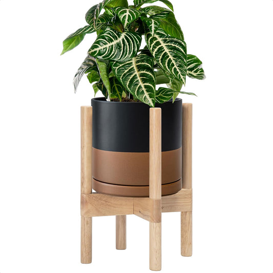 D'vine Dev Ceramic Planter with Natural Stand - 8 Inch Modern Round Flower Pot with Wood Planter Holder, Black/Speckled Tan, 55-B-N-7