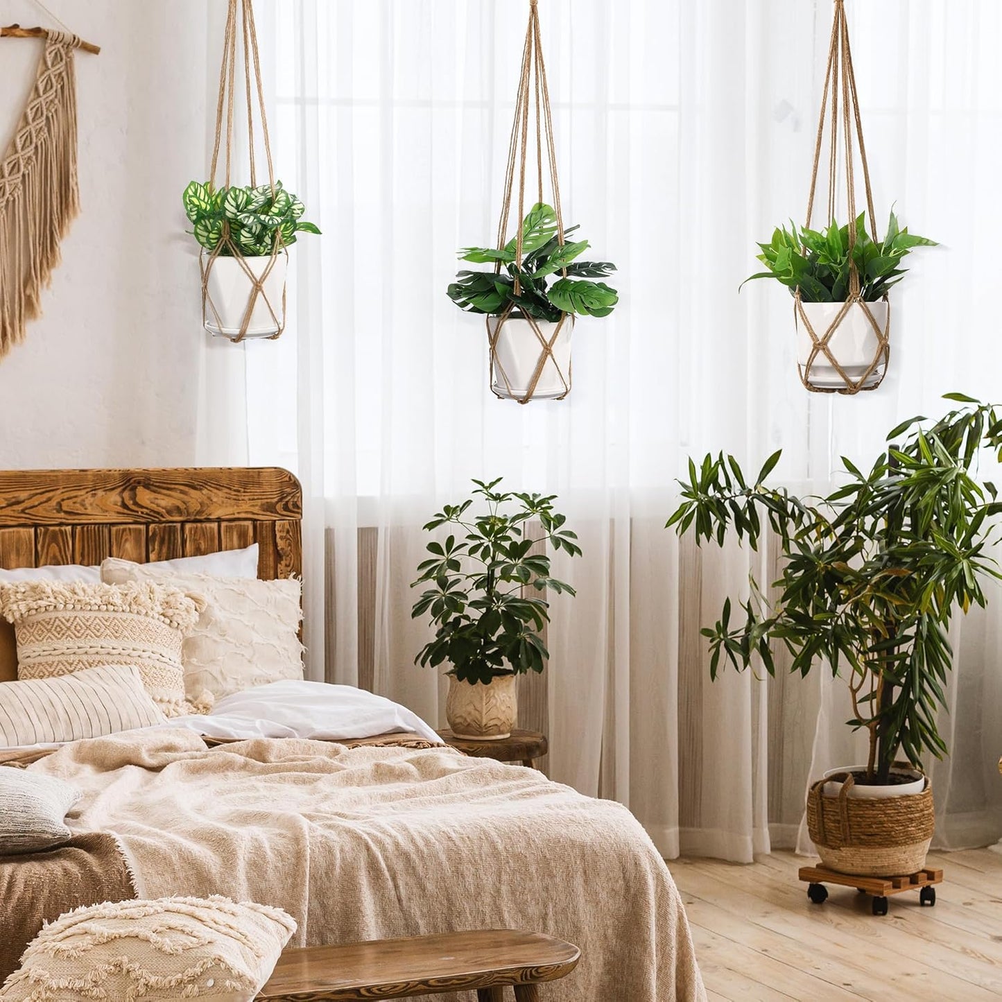 YIBOT 3 Pack Macrame Plant Hanger Indoor Hanging Planter Basket with 3 Hooks, 35"/29"/23" Hang Flower Pot Plant Holder for Indoor Outdoor Decorations, Brown (POTS NOT Included)