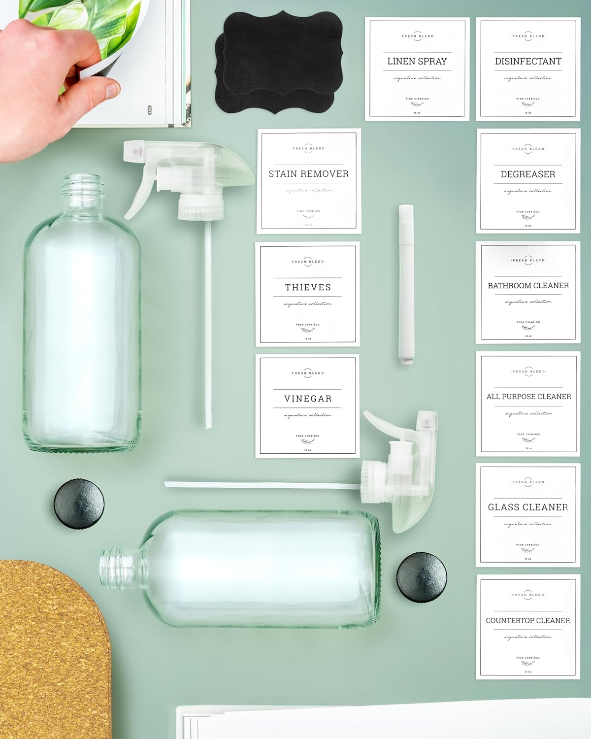 Vine Creations Glass Spray Bottles, 2 Pack Refillable Spray Bottles for Cleaning Solutions, Clear Spray Bottle for plants, Water Spray Bottle Sprayer, Glass Spray bottles 16 oz with Waterproof Labels