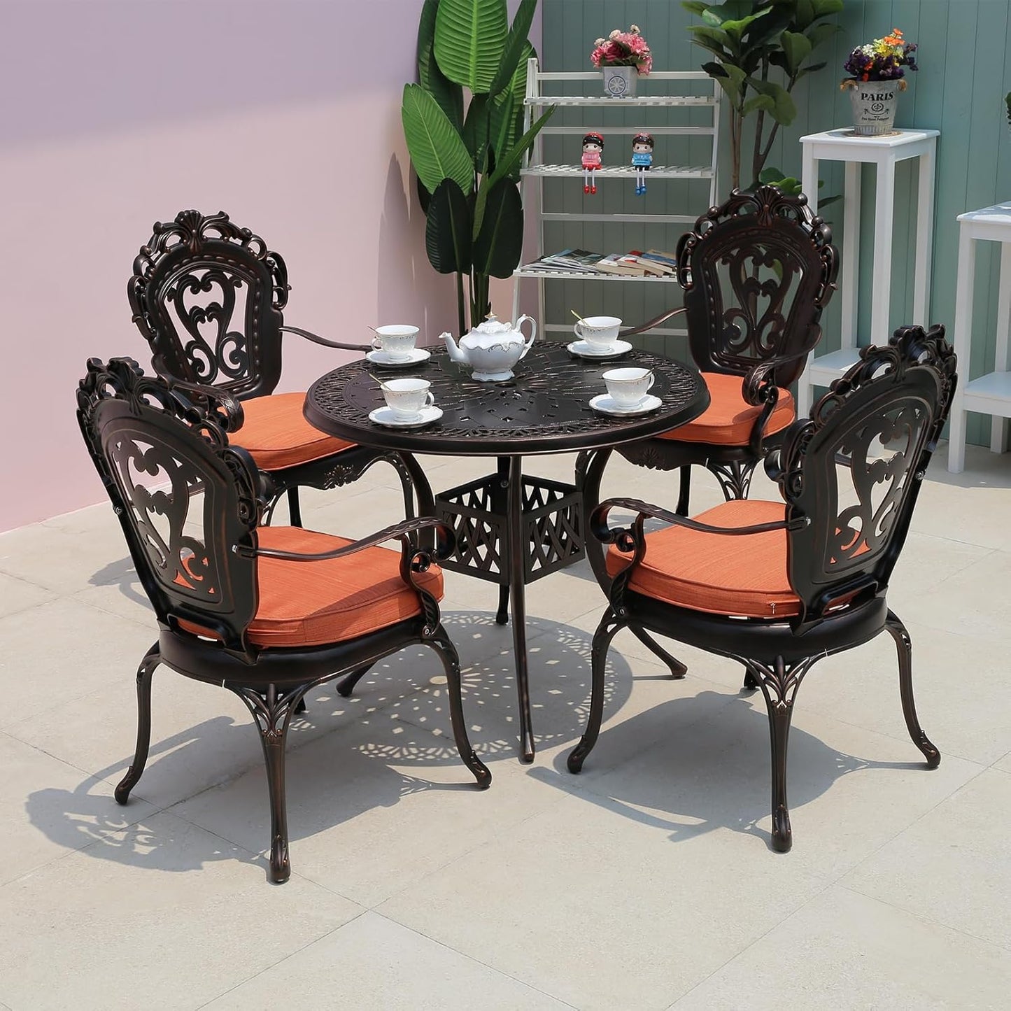 Outdoor Table Cast Aluminum Round Patio Table with Umbrella Hole All Weather Outdoor Dining Table for Lawn Garden Backyard (90cm Woven Round Table)