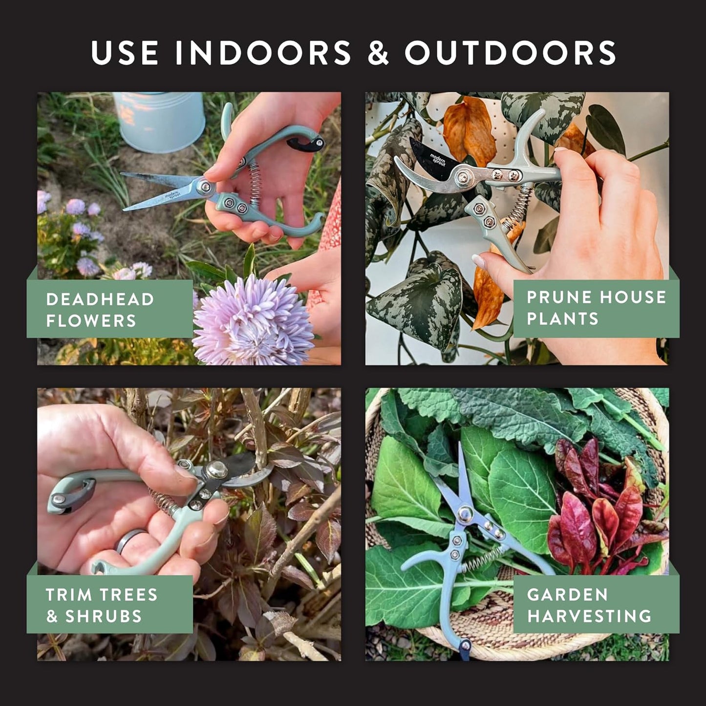 Modern Sprout Hand Pruners & Shears Set - Lightweight Gardening Tools W/Easy Lock - Sharp Carbon Steel Blades -Rust Resistant Scissors for Herbs, Flowers - Reusable Holster - Sage