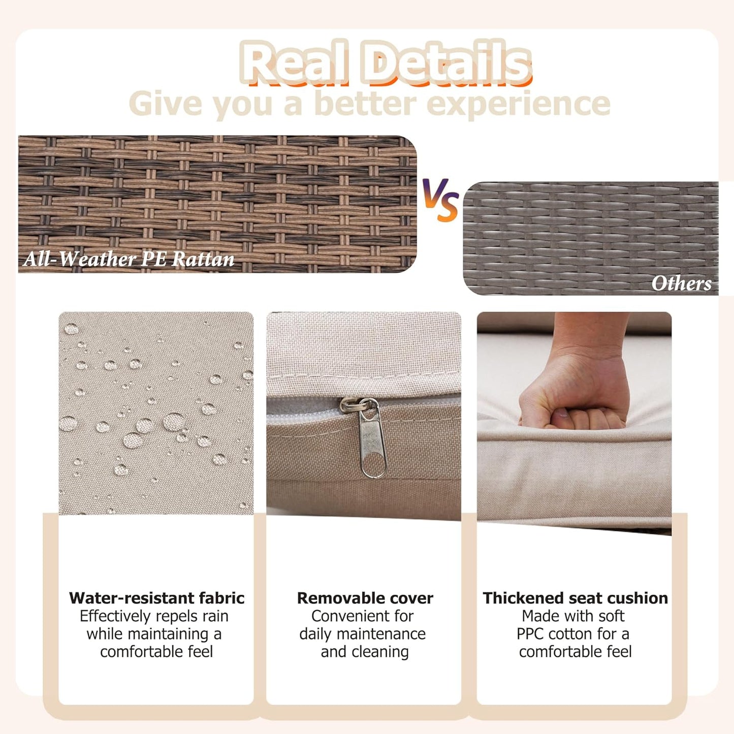 7 Pieces Patio Furniture Set - All-Weather Outdoor Wicker Sectional Conversation Sofa, Rattan Patio Seating Sofa Set with Cushion and Glass Table for Porch Poolside, Brown/Beige