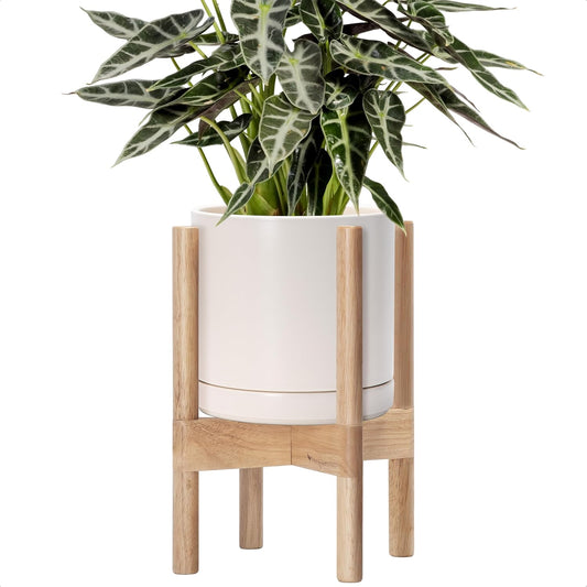 D'vine Dev Ceramic Planter with Natural Stand - 8 Inch Modern Round Flower Pot with Wood Planter Holder, Oatmeal, 55-B-N-8