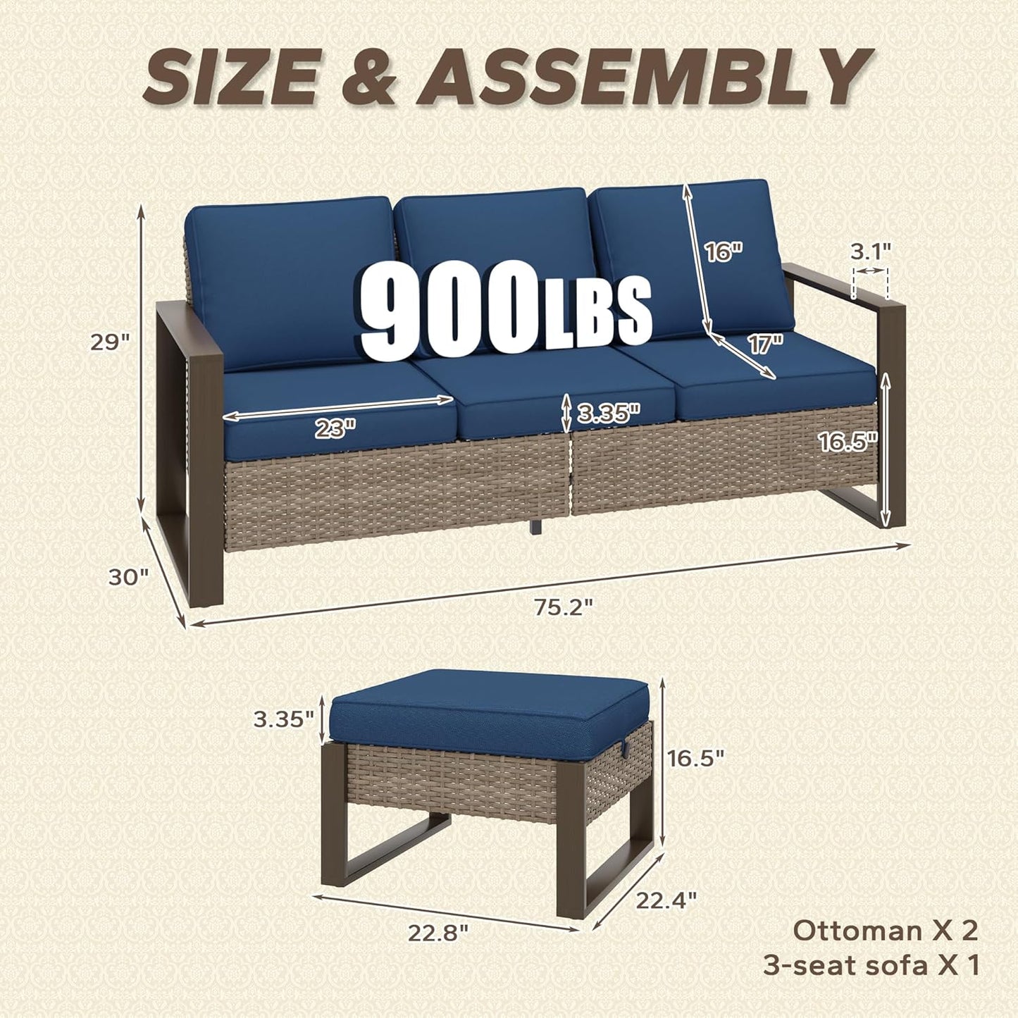 Wicker Patio 75" Sofa Set with Two Ottomans, All Weather Rattan Outdoor Conversation Furniture Set with Wood-Looking Metal Armrest for Deck Backyard Porch, Dark Blue