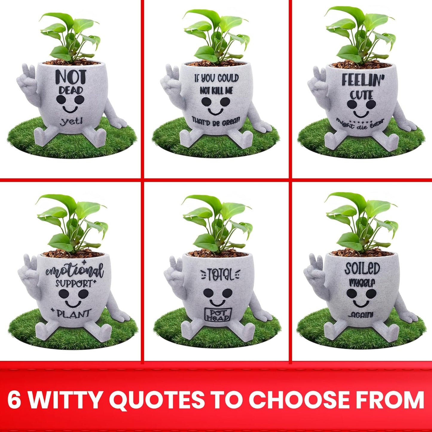 Funny Face Indoor Head Planter Pot, 3D Printed, Unique Small Succulent Flower Pot, Cute Cactus Planter, Indoor Home Decor, Office Desk Plant Pot, Novelty Gardening Gift Set