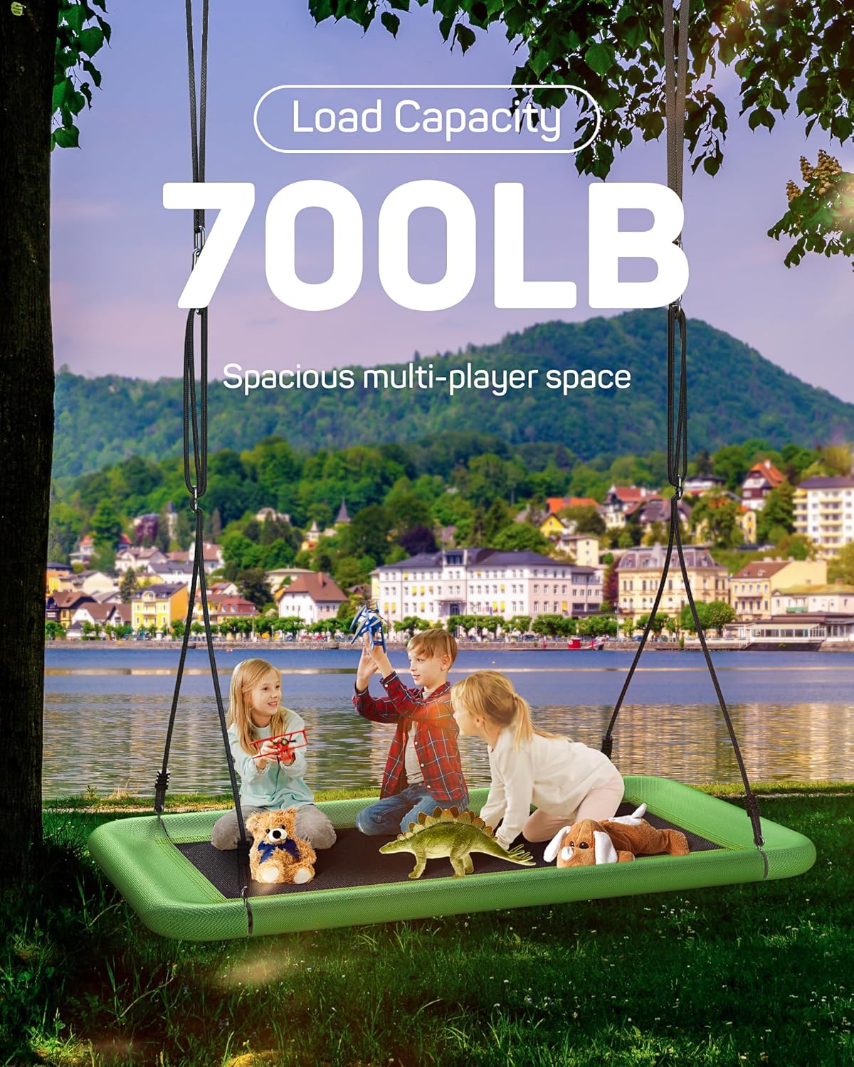 Tree Swing for Kids and Adults, 60" Waterproof Rectangle Platform Swing, 700lbs Heavy Duty with Adjustable Straps, Green