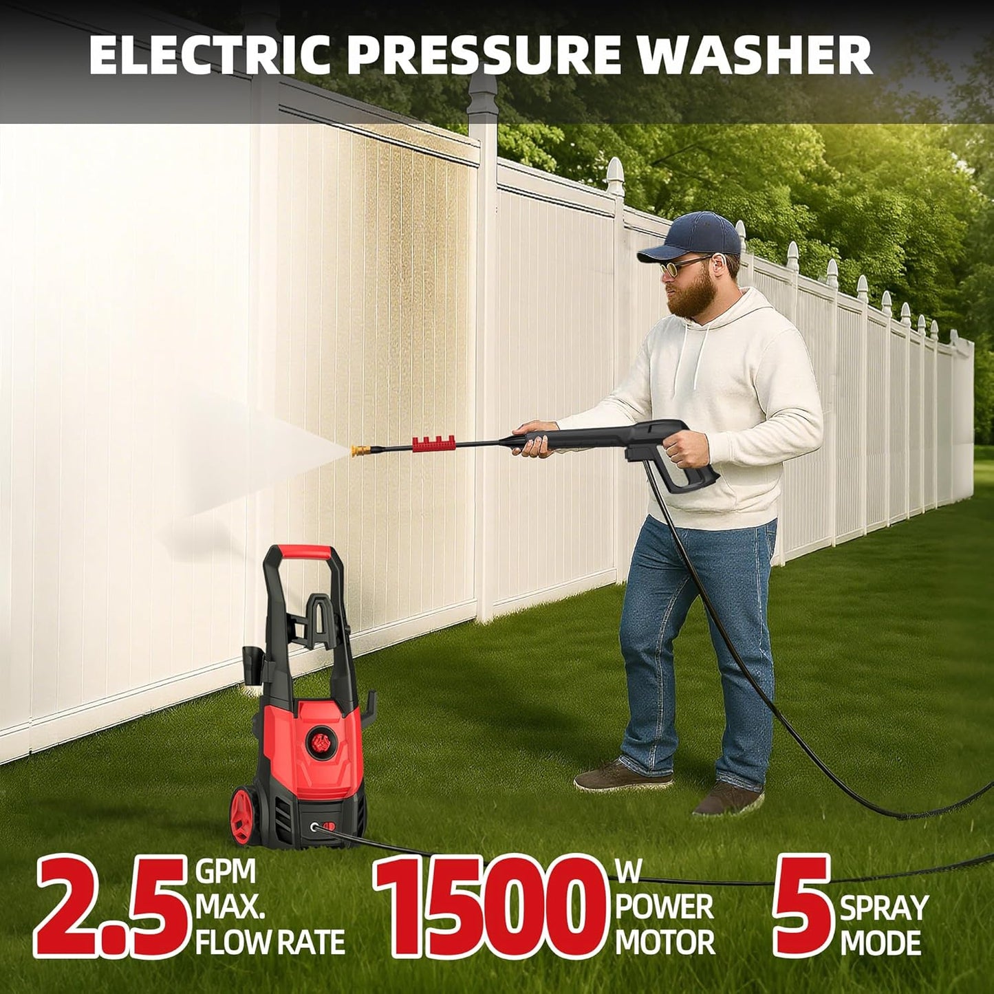 Electric Pressure Washer, 2.5 Max GPM Power Washer with Foam Cannon, Powerwasher with 4 Nozzles, High Pressure Washer for Cars, Driveways, Patios, Decks