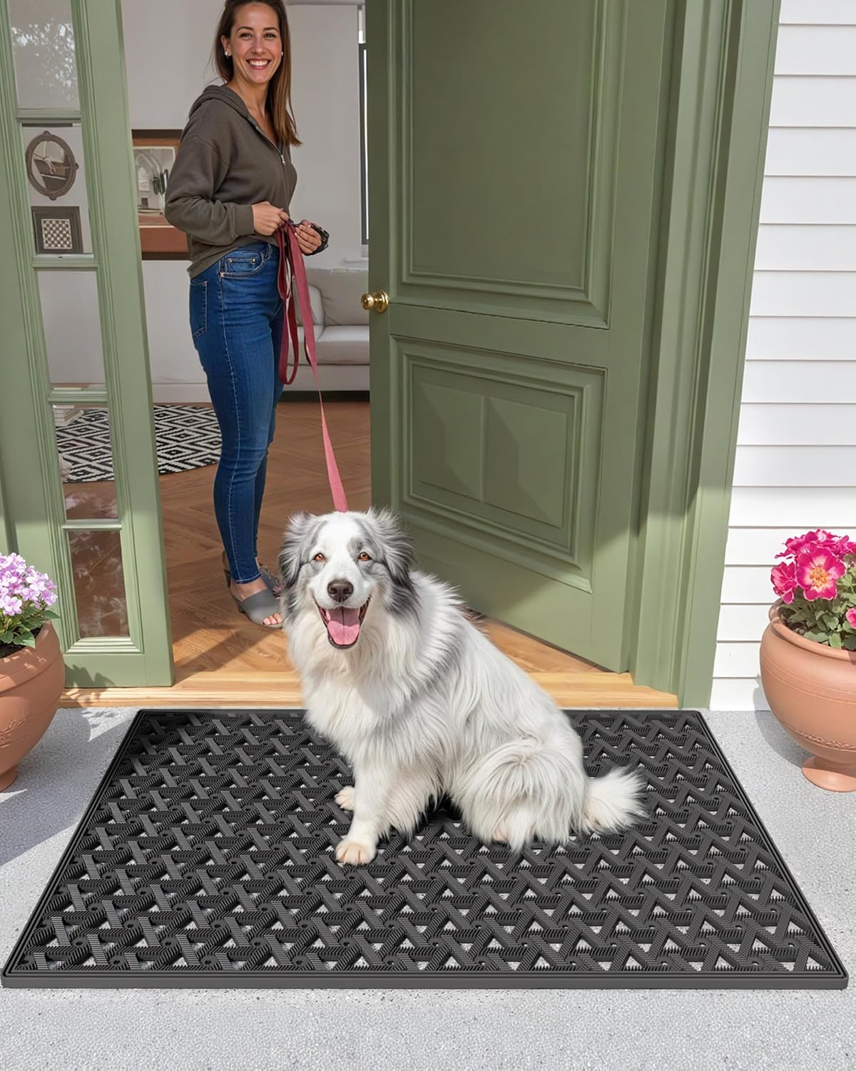 Color&Geometry Door Mat Outside Entrance with Drainage, Rubber Heavy Duty Dirt Trapper Waterproof Outdoor Welcome Mat, Outdoor Mats All Weather for Front Back Door Patio Entryway Entry, 24"X36" Black