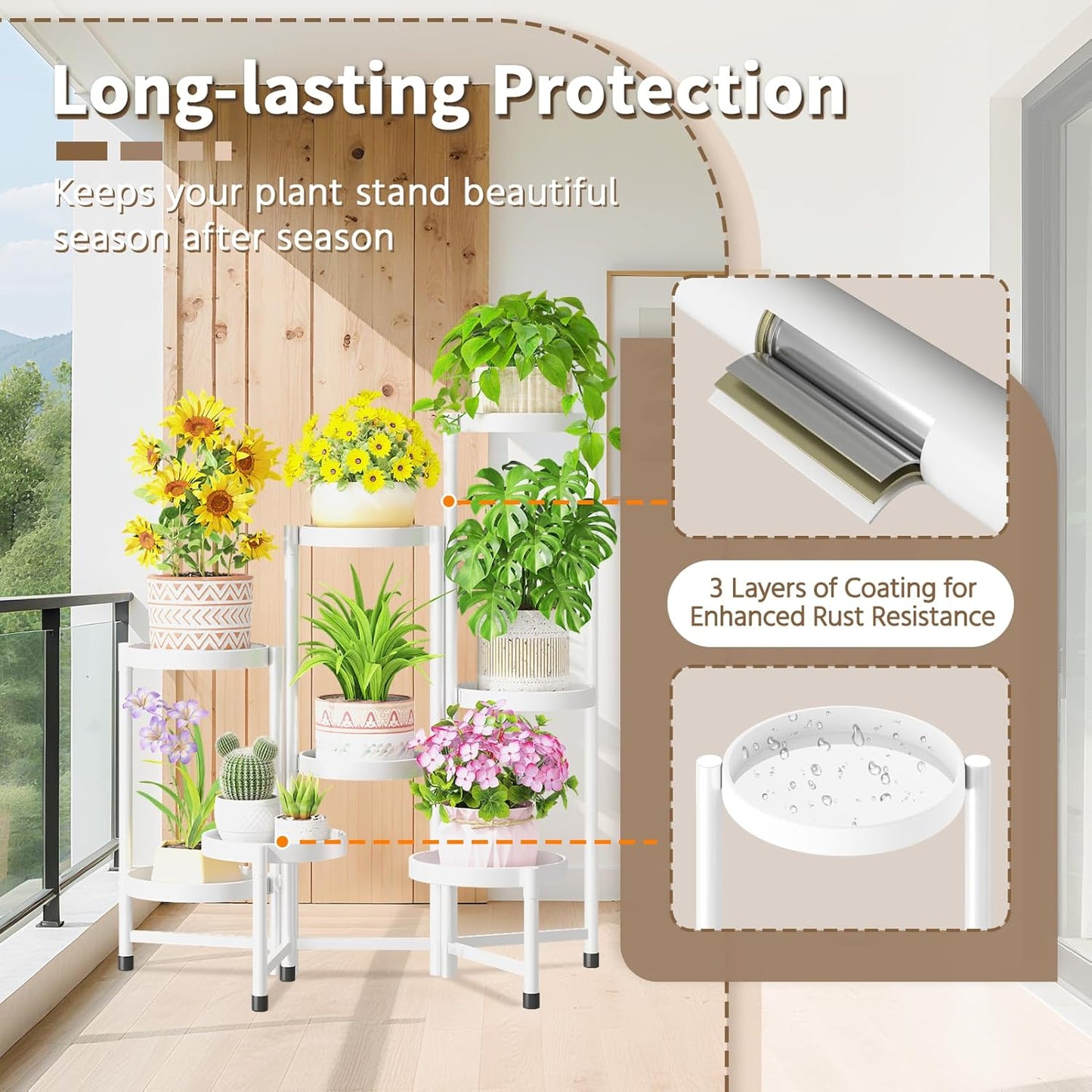 LASZOLA 8 Tiered Folding Plant Stand Indoor for Multiple Large Planter, Tall Heavy Duty Adjustable Rack with Rust Proof 10 Inch Wide Tray, Sturdy Vertical Tree Organizer for Narrow Inside Floor, White