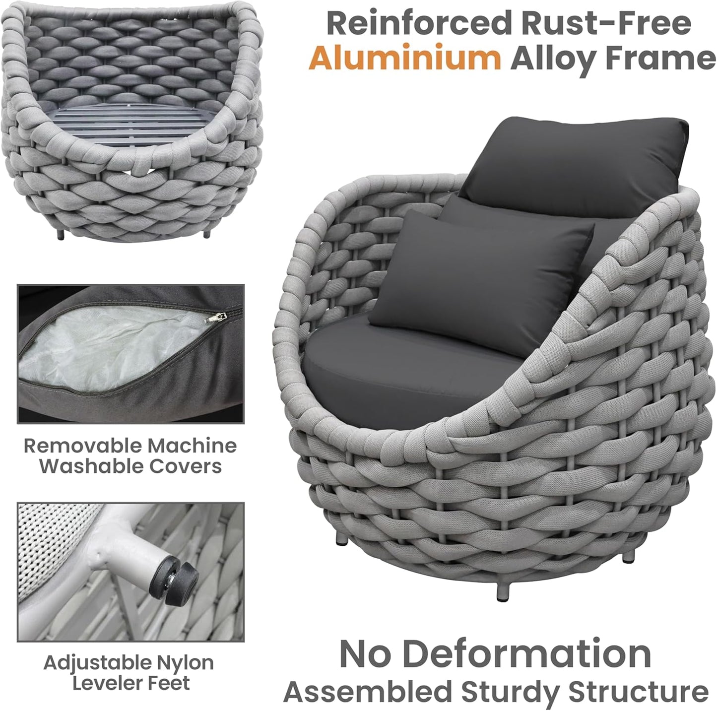 Woven Rope Deck Furniture Set: 5 Pieces Aluminum Patio Conversation Set All Weather - Cushioned Outdoor Sofa Set Assembled - Metal Modern Couch Set for 400 lbs Porch Deck Garden Poolside Hotel